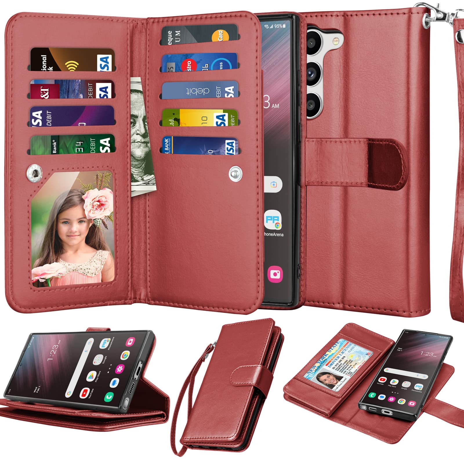 Njjex Galaxy S23 Case, for Samsung Galaxy S23 Wallet Case, [9 Card Slots] PU Leather ID Credit Holder Folio Flip [Detachable] Kickstand Magnetic Phone