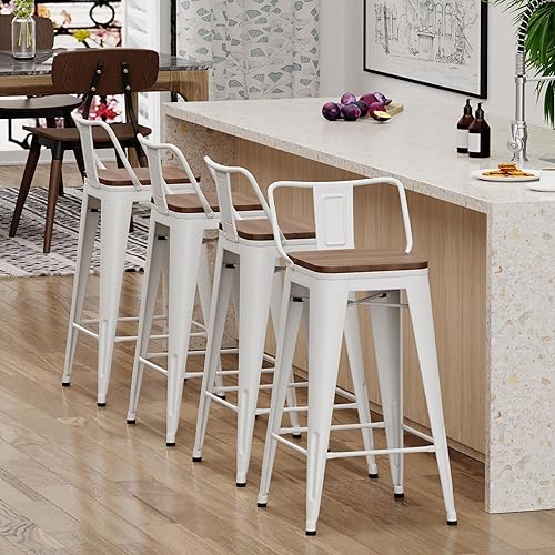Miniatura 36 de Yongchuang - Juego de 4 taburetes de barra de metal (parte superior de madera, espalda baja) Negro -,Crema Blanco,Blanco