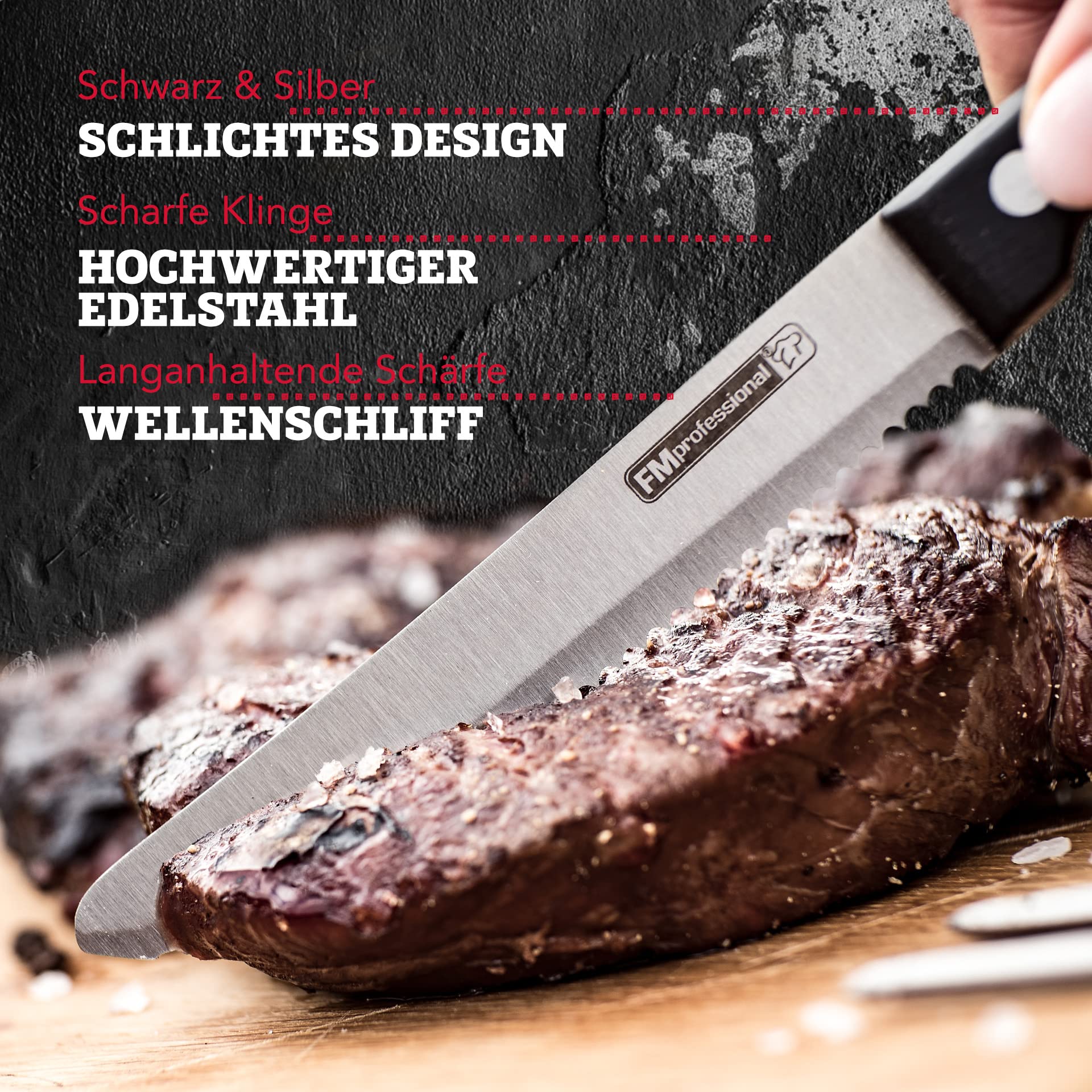 FMprofessional 60x Steakmesser mit Wellenschliff by Fackelmann – Scharfes Messer für Steak und Pizza – Langanhaltend scharfe Klinge für Gastro & Hobby-Köche