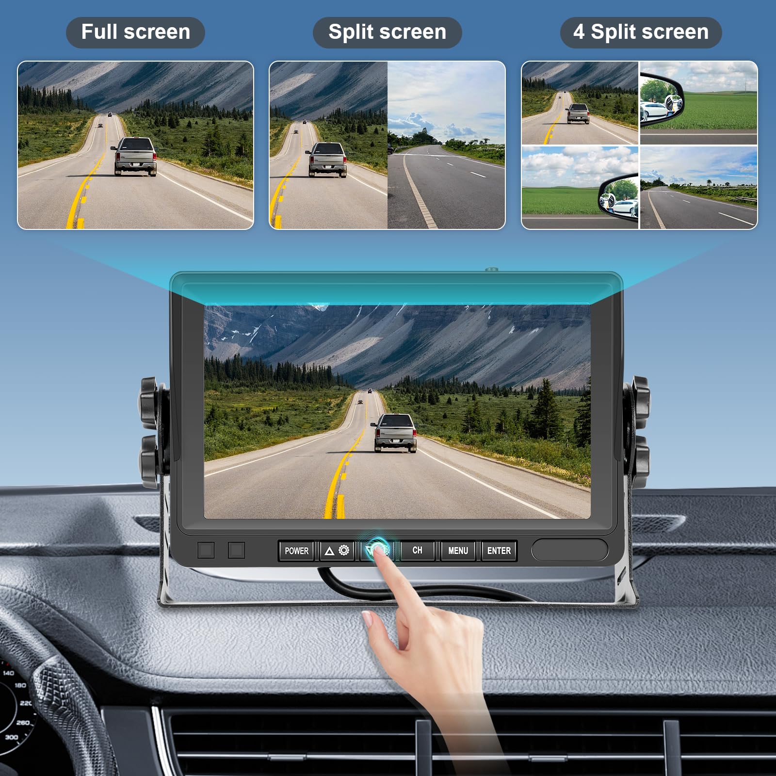 Hodozzy Digital Wireless Reversing Camera Kit Monitor 4 Cameras Split Screen 7 Inch Waterproof Night Vision Front Rear Side View Camera for Trailer Truck Camper 12V-24V-36V Recording Video Playback - Image 3