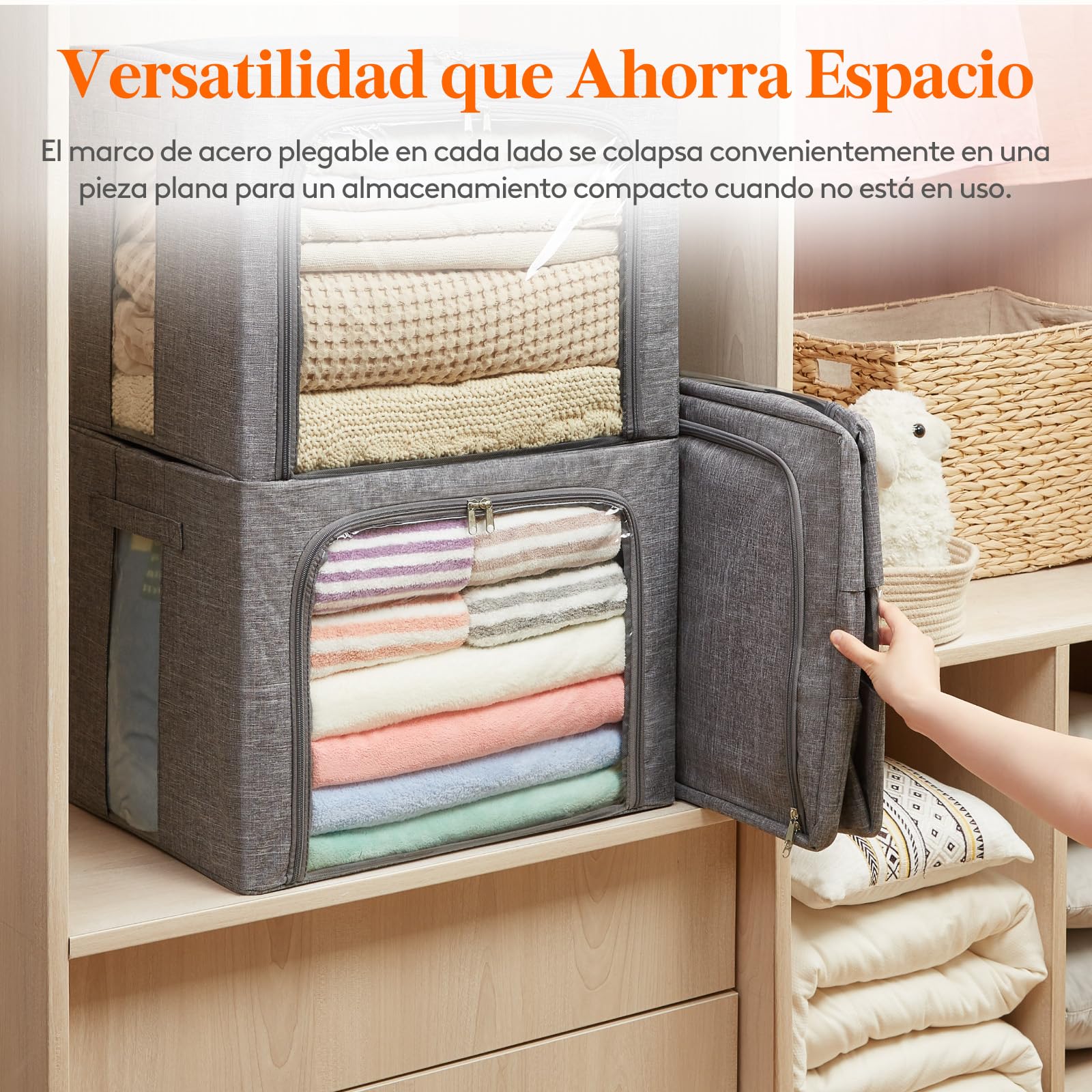 Lifewit Cajas Almacenaje Ropa con Marco de Metal, Organizador Armario Apilable, Bolsas Almacenaje Ropa, Bolsas Para Guardar Ropa, Edredones, Colchas, Gris Claro, 75 L, 4 Piezas
