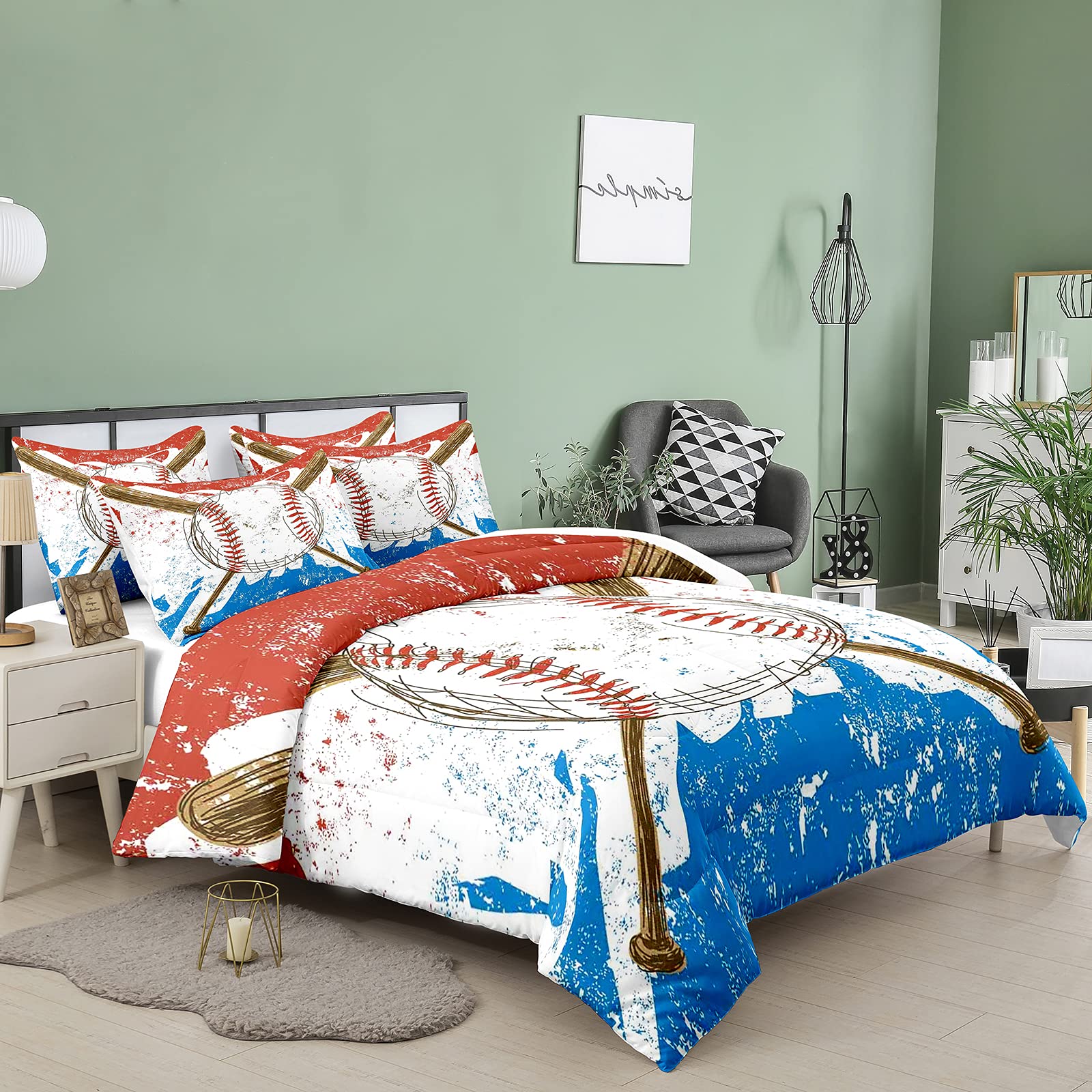 Bodhi Baseball Comforter Set Twin for Boys Kids, Blue Sports Bedding Set with Pillowcases