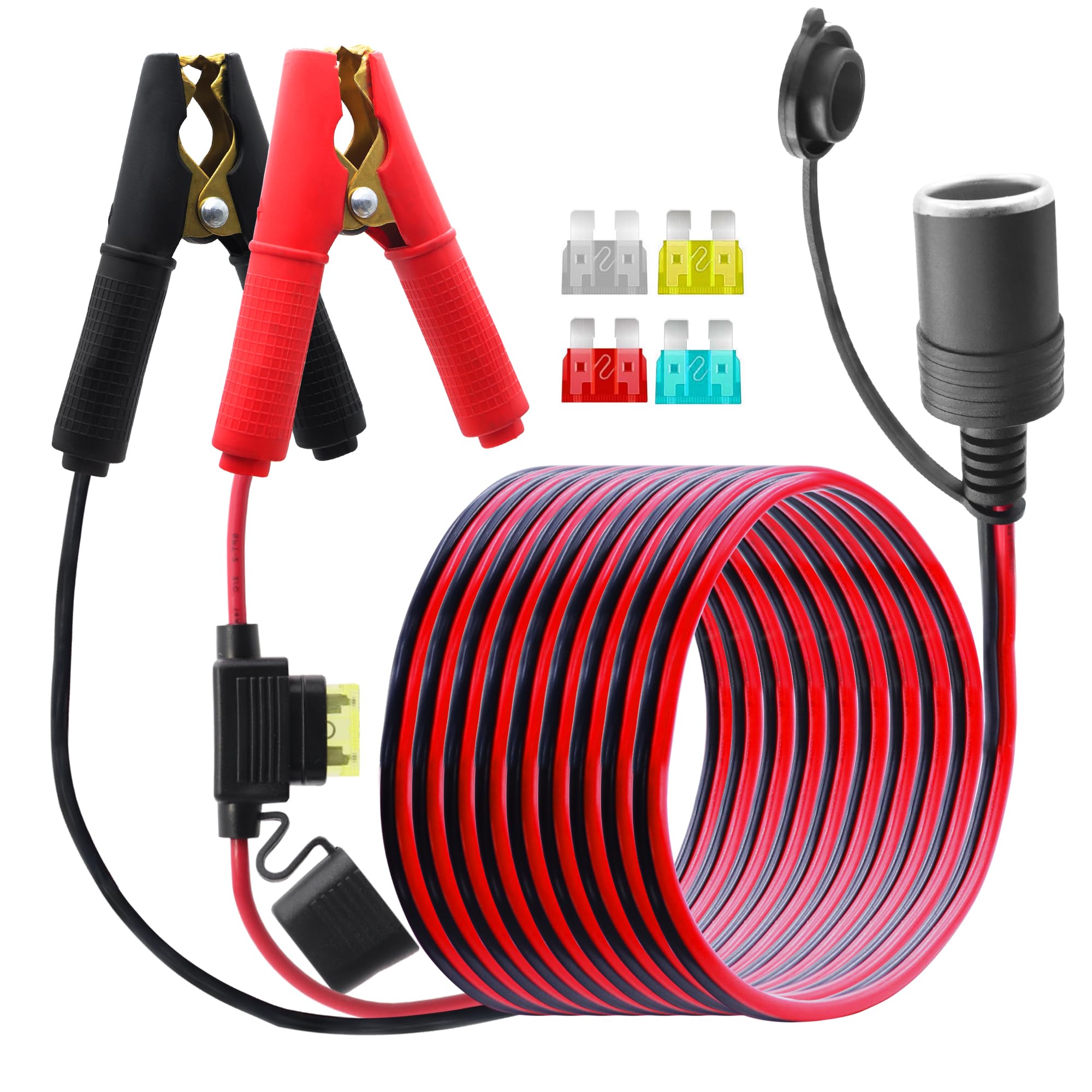 Câble de batterie à pince crocodile vers allume-cigare femelle avec fusible 20 A, 14 AWG 12 V-24 V, pinces crocodiles pour voiture, onduleur (3 m)
