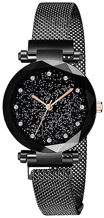 Acnos Black Color 12 Point Diamond with Trending Magnetic Analogue Metal Strap Watch for Girls and Womens Pack of - 1(DM-200)