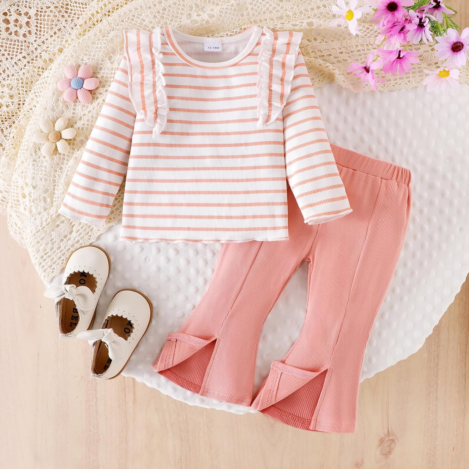 Baby Girl Clothes Toddler Fall Winter Outfits Cute Long Sleeve Striped Ruffle Shirt and Flared Pants Set 1-5 Years - Image 2