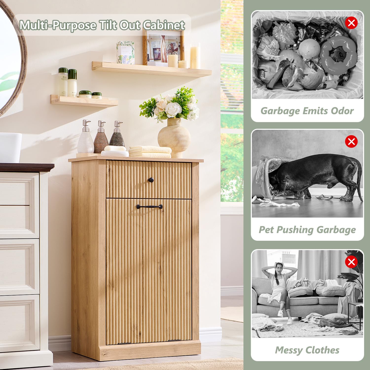 Modern Tilt-Out Trash Can Cabinet, 10 Gallon Fluted Laundry Hamper Cabinet with Drawers, Wooden Hidden Garbage Can Cabinet w/Storage Basket, Free Standing for Kitchen & Living Room,Natural Oak 13"D x 21.4"W x 35.8"H (Single) Natural Oak