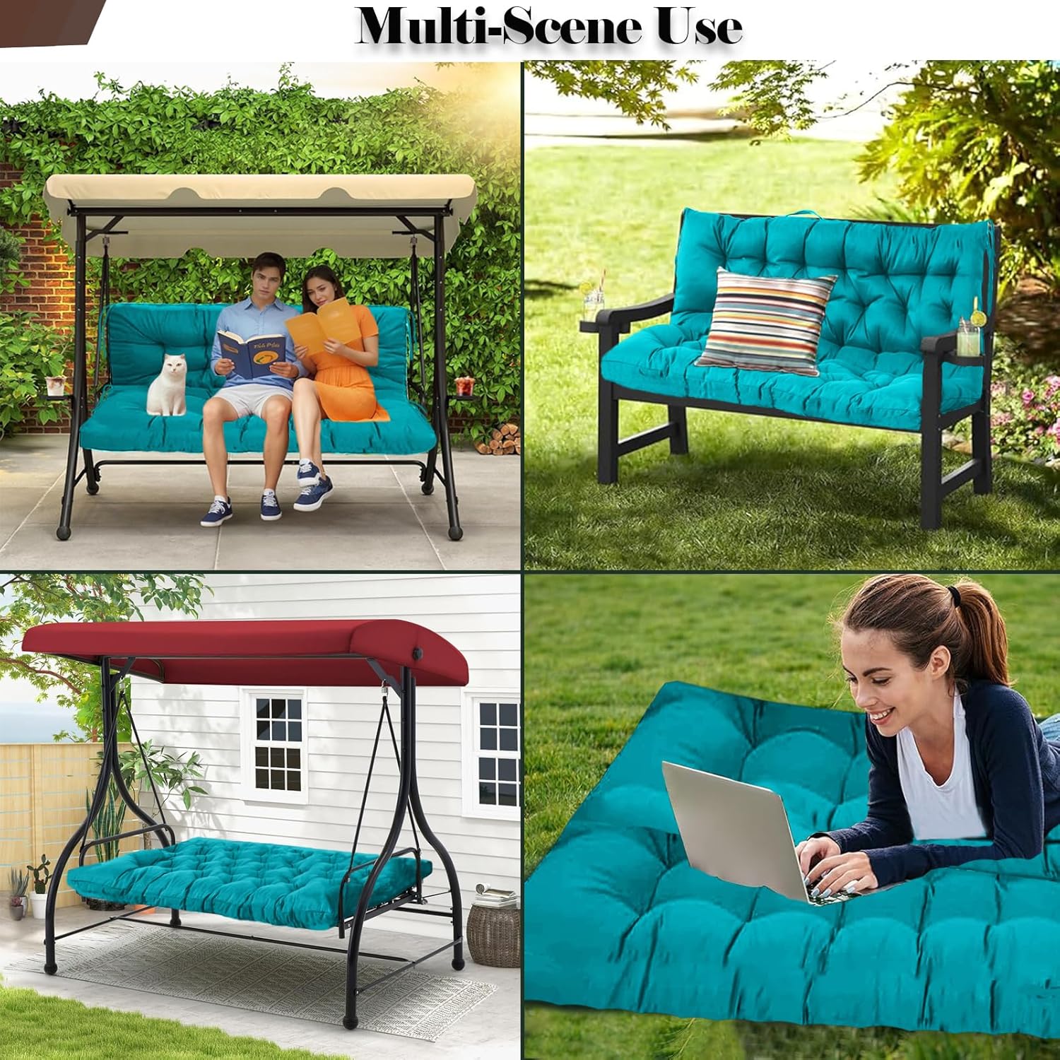 Swing Replacement Cushions with Backrest, 2 Seater Porch Swing Cushions Waterproof Non-Slip Overstuffed Bench Pad Swing Cushion for Outdoor Furniture Backyard Patio(Lake Blue,60X40IN)