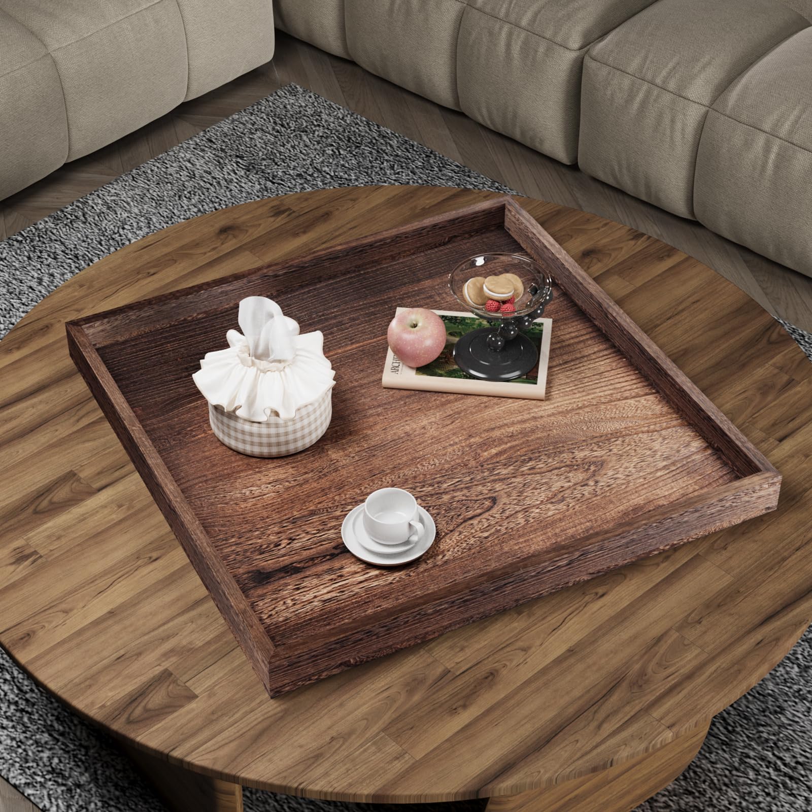Bandeja de madera otomana para mesa de café para sala de estar, bandeja grande cuadrada de 24 x 24 pulgadas, color marrón rústico