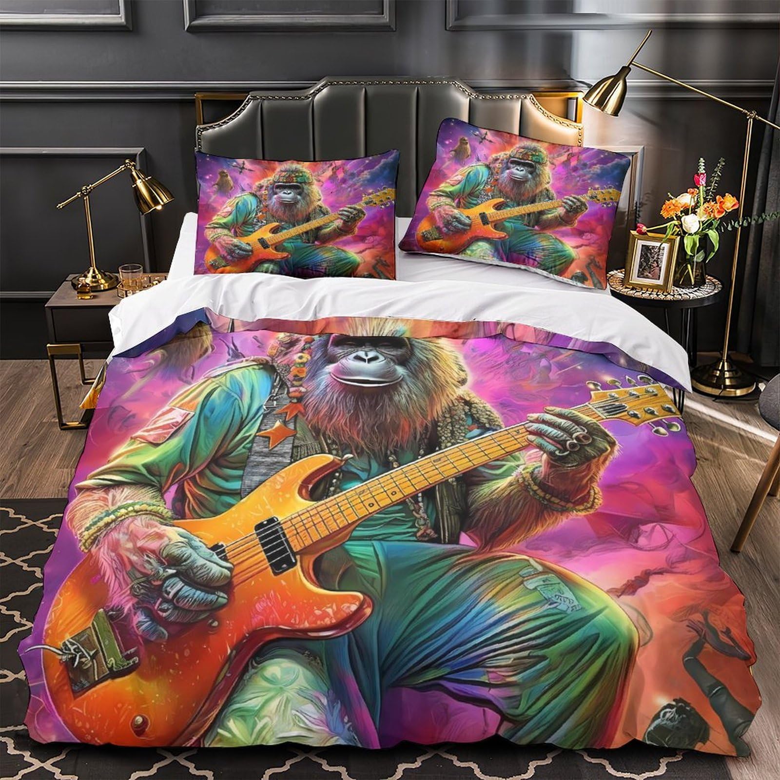 Gorilla Musician Quilt Cover 3D Print Anti-allergic 3 Pieces Bed Set Hidden Zipper vibrant Psychedelic Duvet Cover Luxury All Season for Adults Kids Teens Women Youth Teenagers Super king（260x220cm）