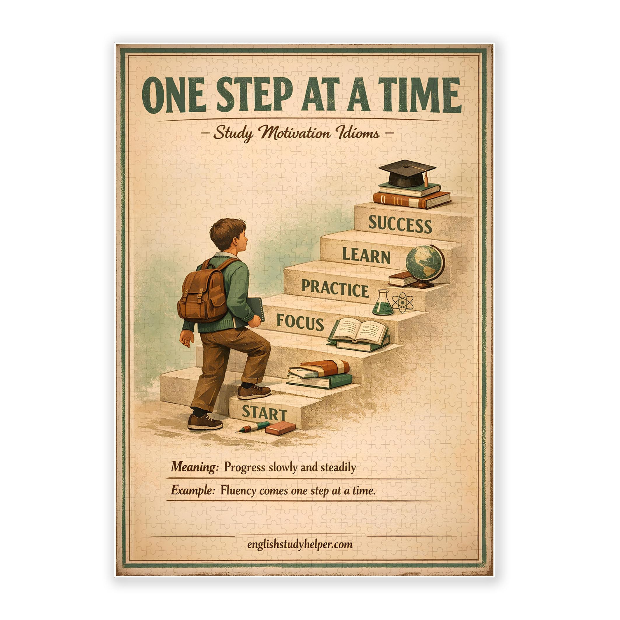 1000-Piece Adult Wood Jigsaw Puzzle, One Step at a Time Study Motivation Art Puzzle, Vintage Classroom Poster, High-Difficulty, Stress-Relieving, Home/Classroom Decor, Eco-Friendly, 29.5x19.7in