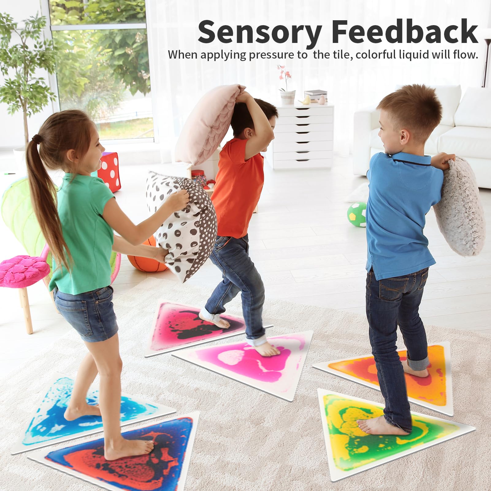 Art3d Lot de 6 Dalles de Sol liquides colorées à Fusion Liquide sensorielle Senroy Tapis de Jeu de Danse pour Enfants Tout-Petits Enfants,37,5 x 37,5 cm, Triangle