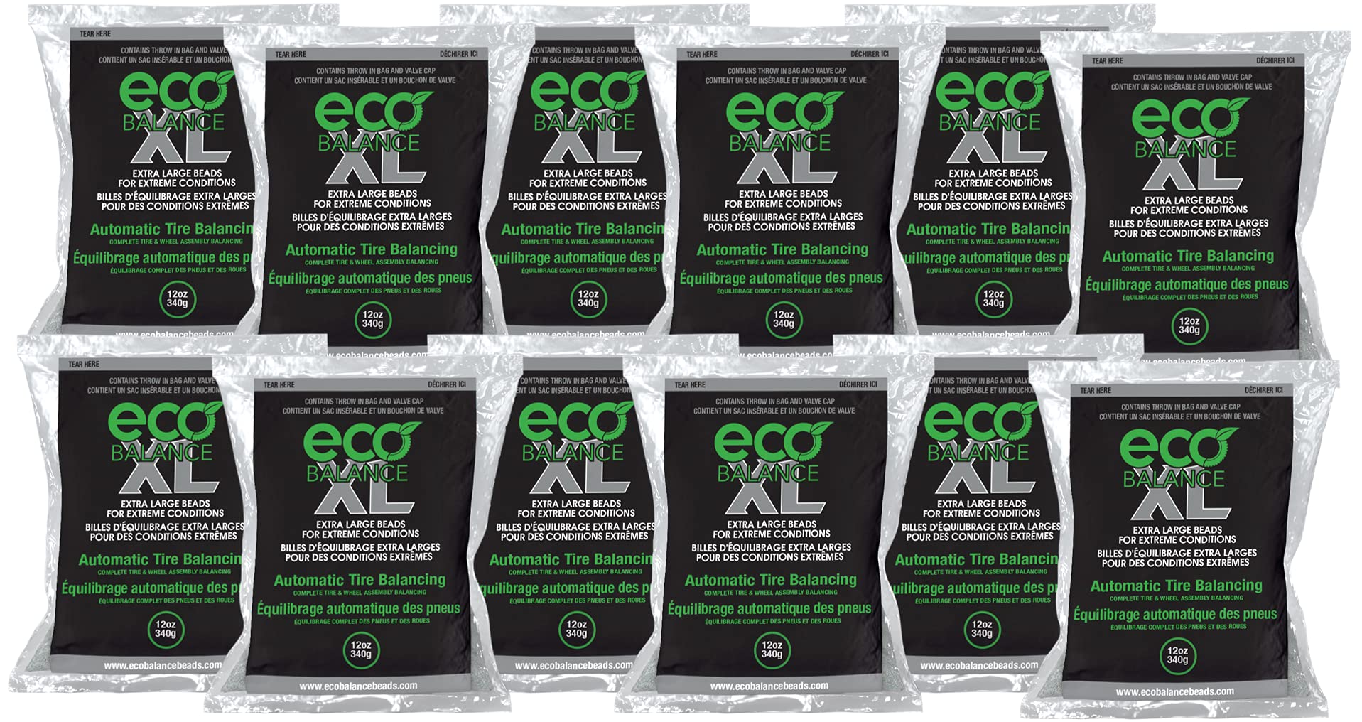 12-ECOXL12 ECO XL Extreme Condition Tire/Wheel Balancing Beads - Off-Road Vehicles, Light Duty Truck Tires, (12) 12oz Balance Bead Bags, (12) Valve Caps