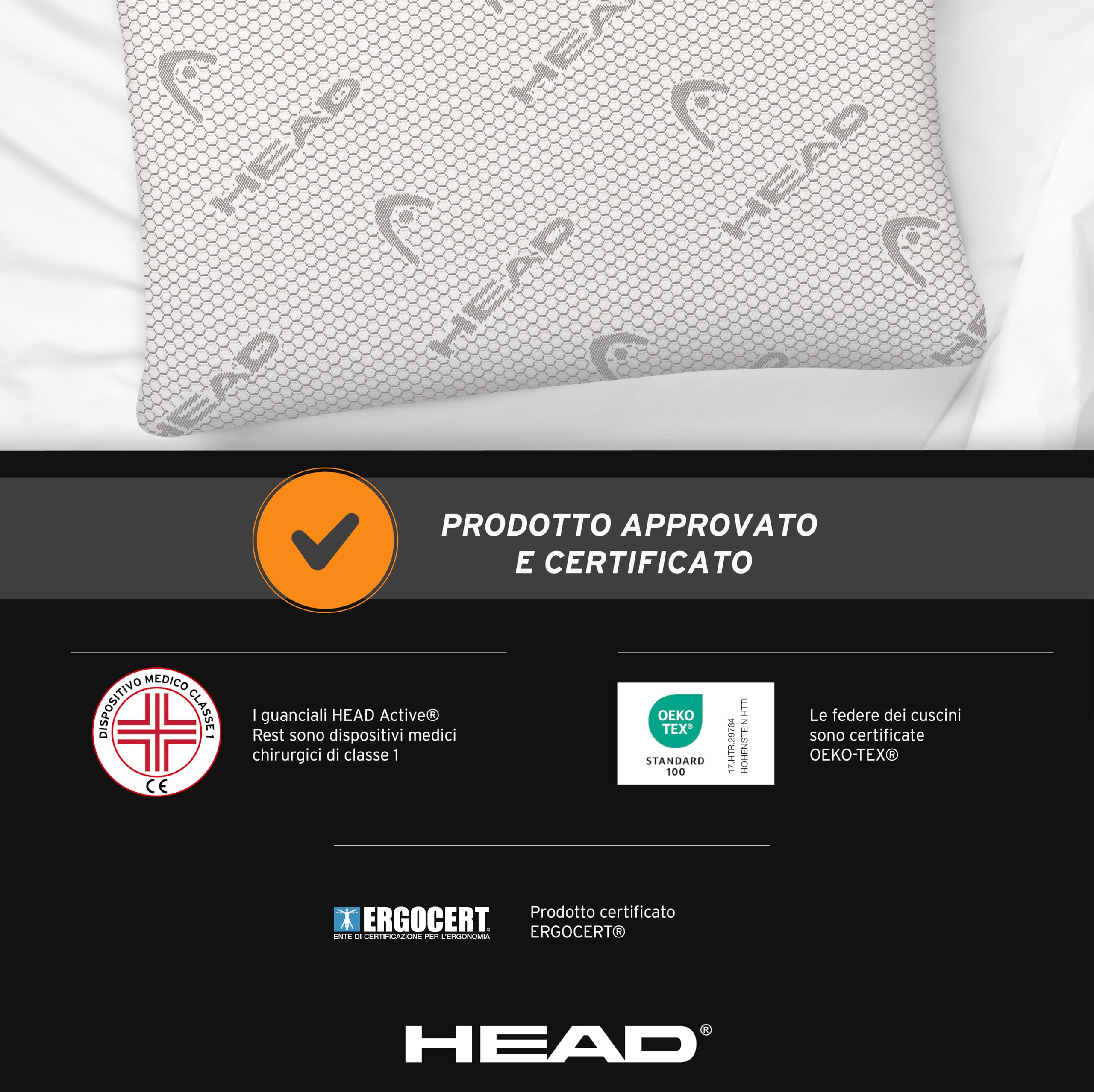 HEAD Active Rest - Cuscino Memory Foam Traforato, Cuscino Cervicale per Dormire Ergonomico in Grafene Antistatico Mantiene Melatonina Alta, Cuscino Letto con Federa Tessuto Lavabile 42x72, Bianco/Grey