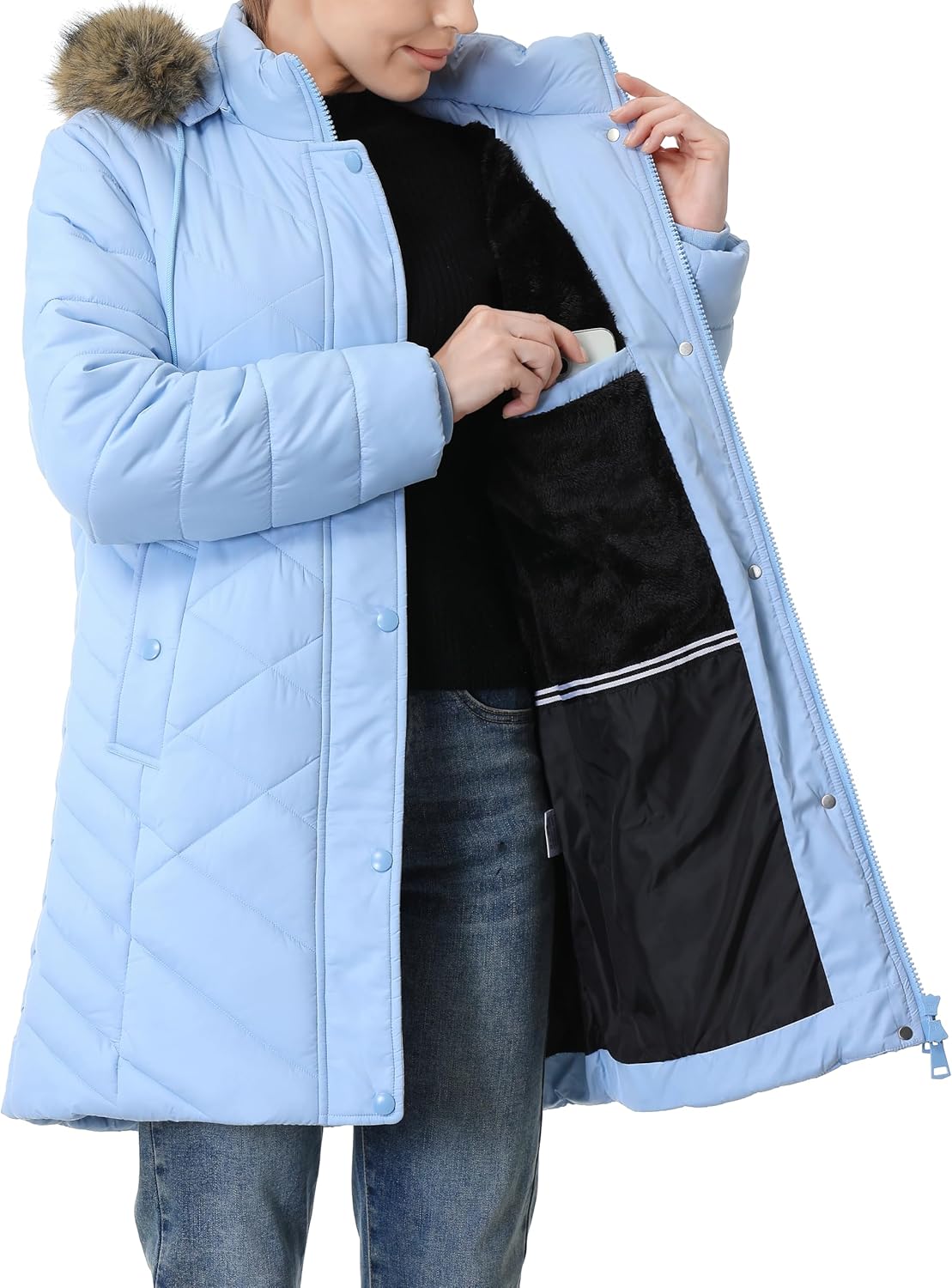 Women's Long Warm Winter Coat Windproof Thickened Fleece Lined Down Jacket Waterproof Puffer Outerwear with Removable Hood - Image 7