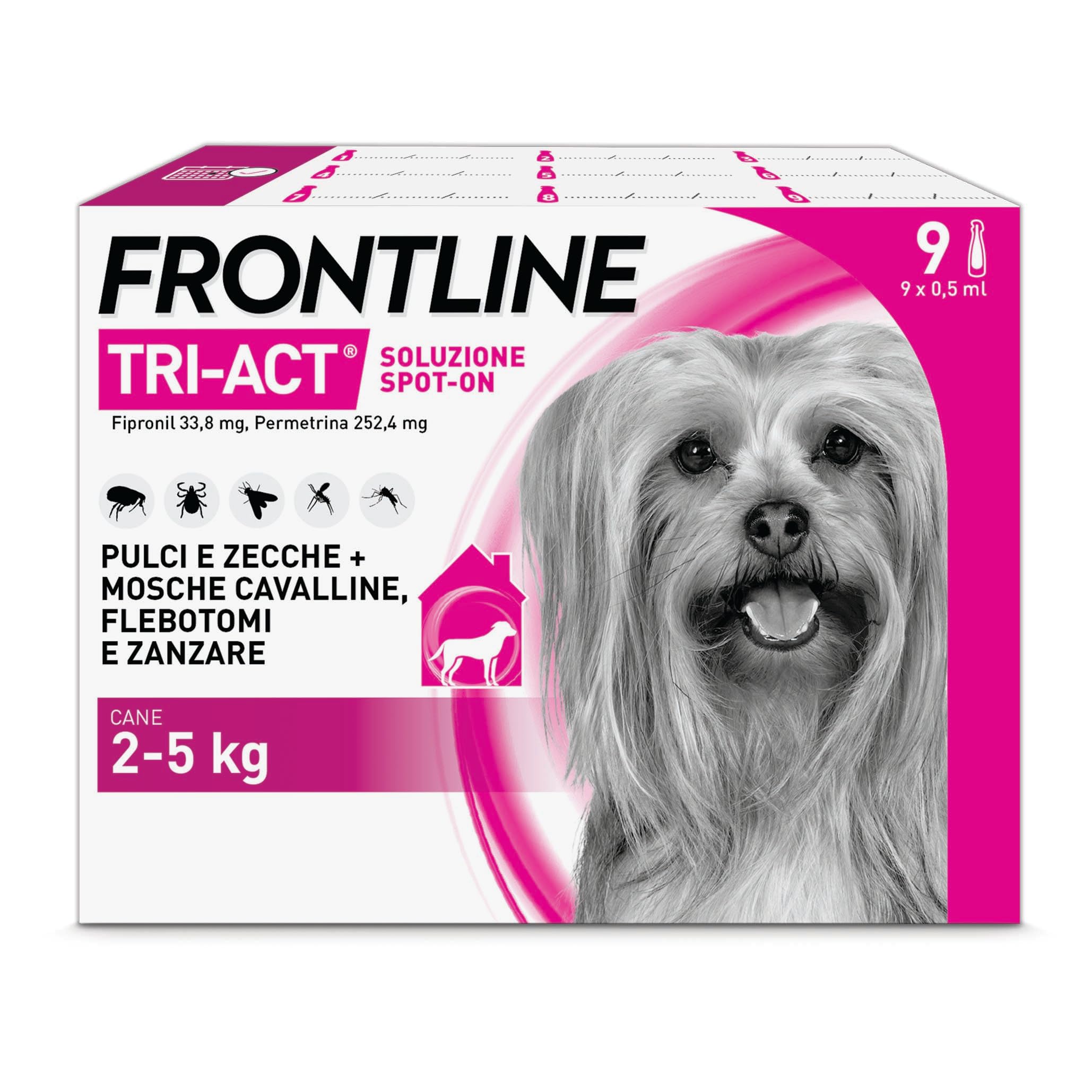 FRONTLINE Triact, 9 Pipette, Cane XS (2-5 kg), Antiparassitario per Cani e Cuccioli di Lunga Durata, Protegge il Cane da Pulci, Zecche, Zanzare, Pappataci e Leishmaniosi, Antipulci 9 Pipette