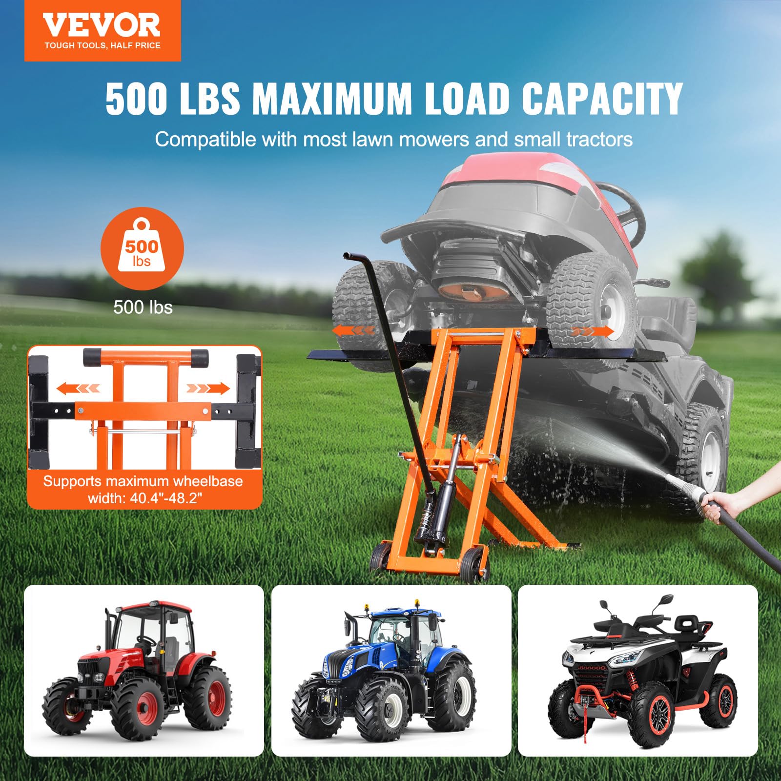 VEVOR Elevador de Cortacésped Móvil Ajustable con Gato Hidráulico, Capacidad de Peso de 225 kg, Acero al Carbono Sólido, para Tractores y Cortadoras de Césped de Giro Cero, Naranja, 1,0 x 1,0 x 0,1 m