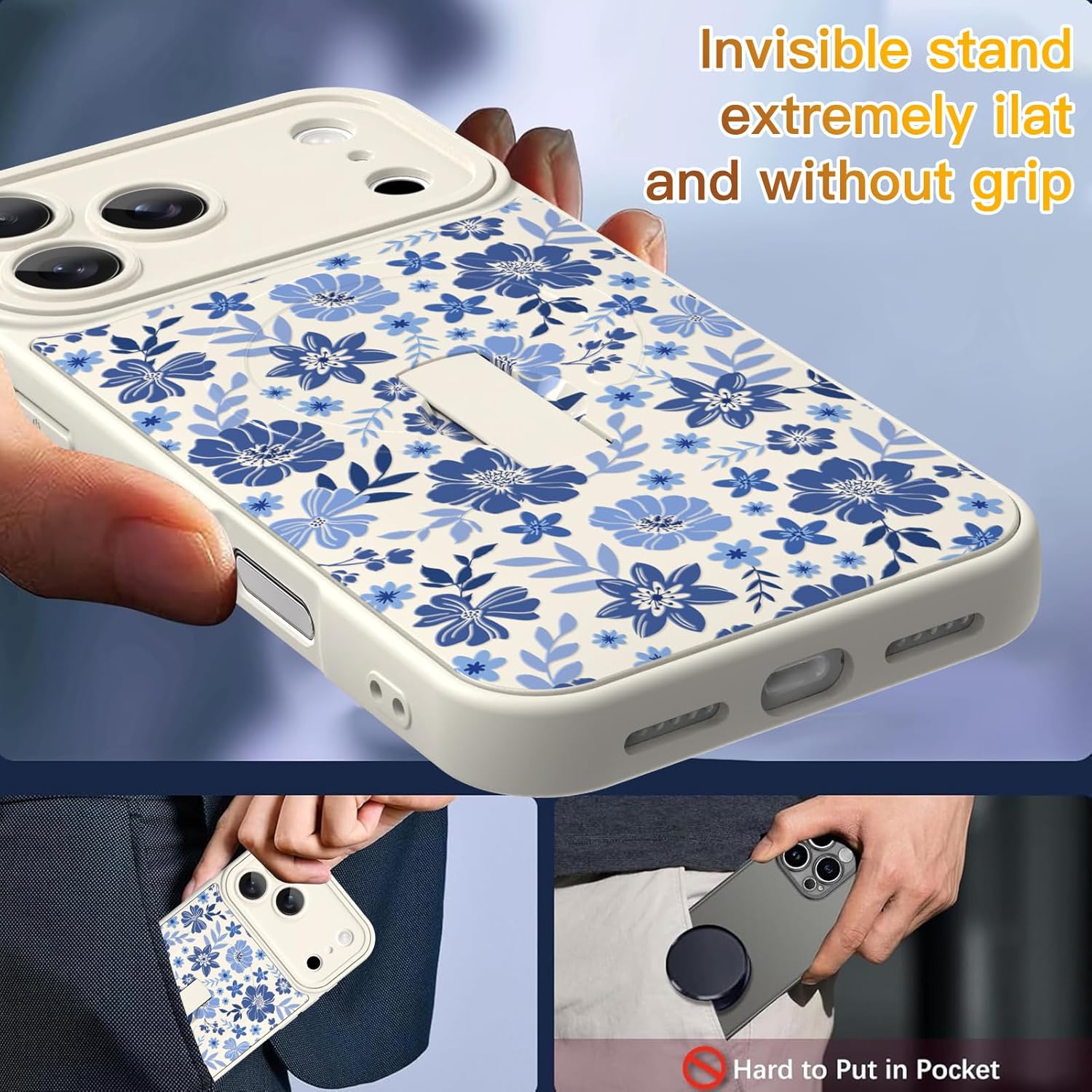 for iPhone 17 Pro Case [Compatible with MagSafe] Cute Floral Flower Pattern Magnetic Phone Case Compatible Finger Strap Ring Kickstand, Full Camera Protective Cover for Women Girly Blue&2