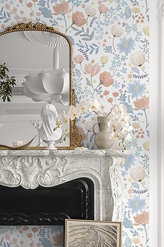 Miniatura 2 de Yasinet Papel tapiz floral extraíble, papel de pared para despegar y pegar, papel de pared bohemio moderno de flores rosas y azules, papel tapiz