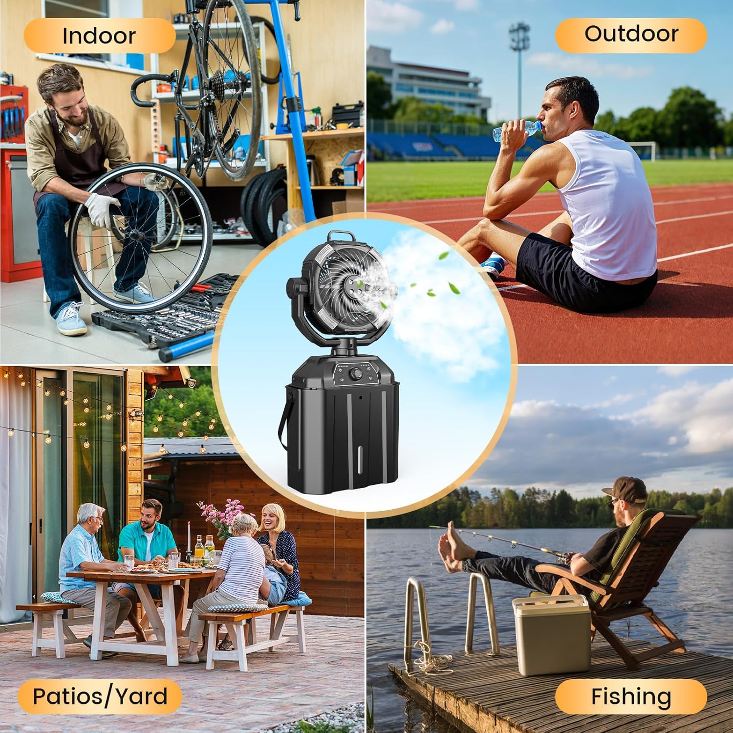Misting Fan Portable 6L Bucket 20000mAh Rechargeable Camping Fan with LED Light Remote & Hook Floor Battery Powered Cooling Outdoor Fans for Patios Camping, 4 Spray Mister, Black