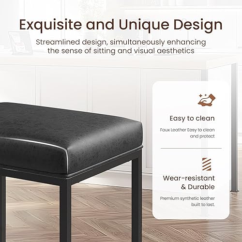 Miniatura 5 de ALPHA HOME Taburete de bar de 24 pulgadas de altura de mostrador, piel sintética con cojín cuadrado sin espalda, silla de cocina, comedor, cafetería