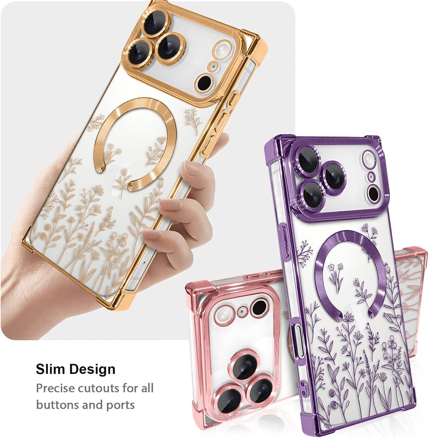 LSL Designed Case for iPhone 17 Pro [Compatible with MagSafe] Flower Pattern Design Soft TPU Anti-Drop Shockproof Protective Slim Luxury Floral Plating Clear Cover - Gold