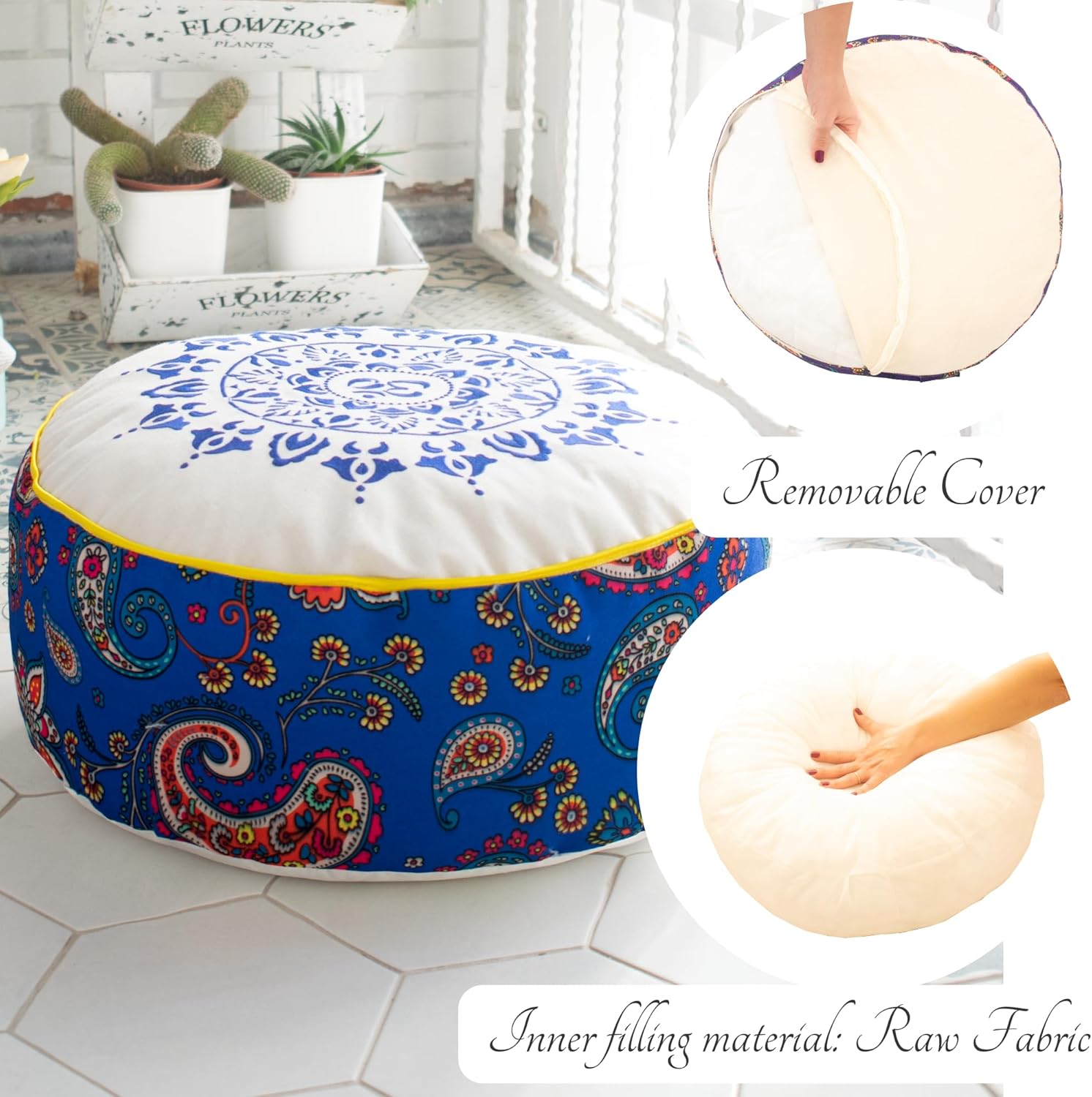 Handmade Chakr Design Floor Pillows I Extra Large Yoga Cushions I Seat Cushion 19.68 ‘’ I Meditation Pillow with Chakr Colors I Round Floor Cushion for Meditation, Mindfulness(Blue (AJNA))