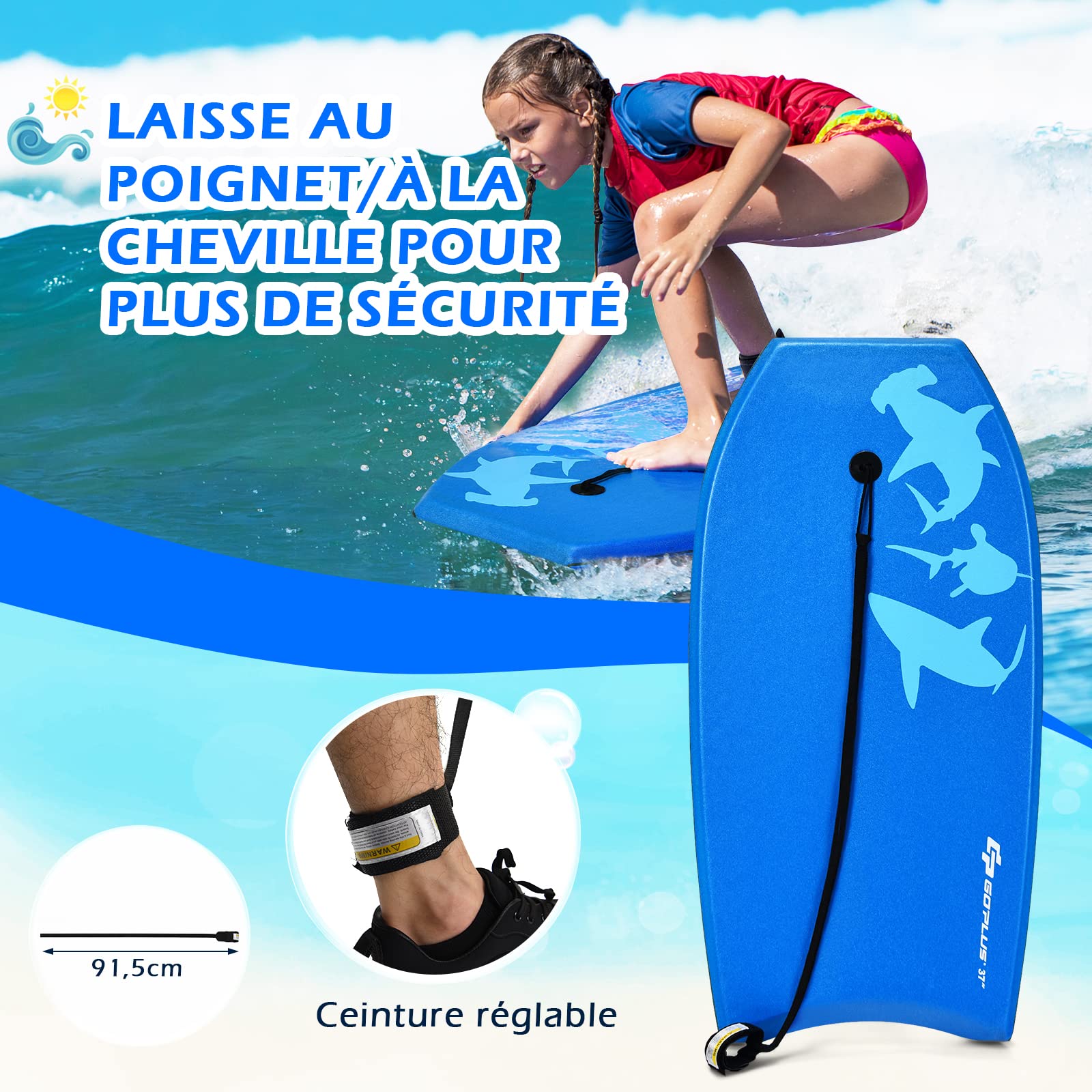 GYMAX 33''/37''/41'' Planche de Bodyboard, avec Sangle de Cheville Réglable, Fond Lisse, Queue en Forme de Croissant, Conception Upwarp, Planche de Surf pour Enfants et Adultes