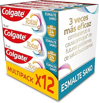 COLGATE Total Advanced Esmalte Sano Pasta de Dientes, Pack 12 Uds x 75ml, Ayuda a Reparar el Esmalte Debilitado, Dentífrico Blanqueador con 24h de Defensa Antibacteriana Reforzada para la Boca