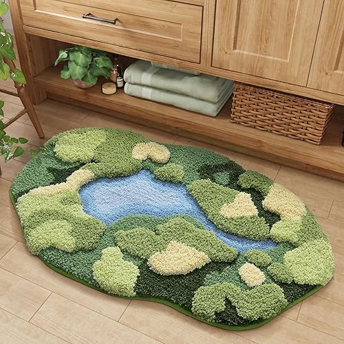 Miniatura 6 de DEXI Tapete de baño de musgo, ultra grueso, suave, verde, absorbente de agua, antideslizante, de microfibra, para suelo de baño, ducha, fregadero,