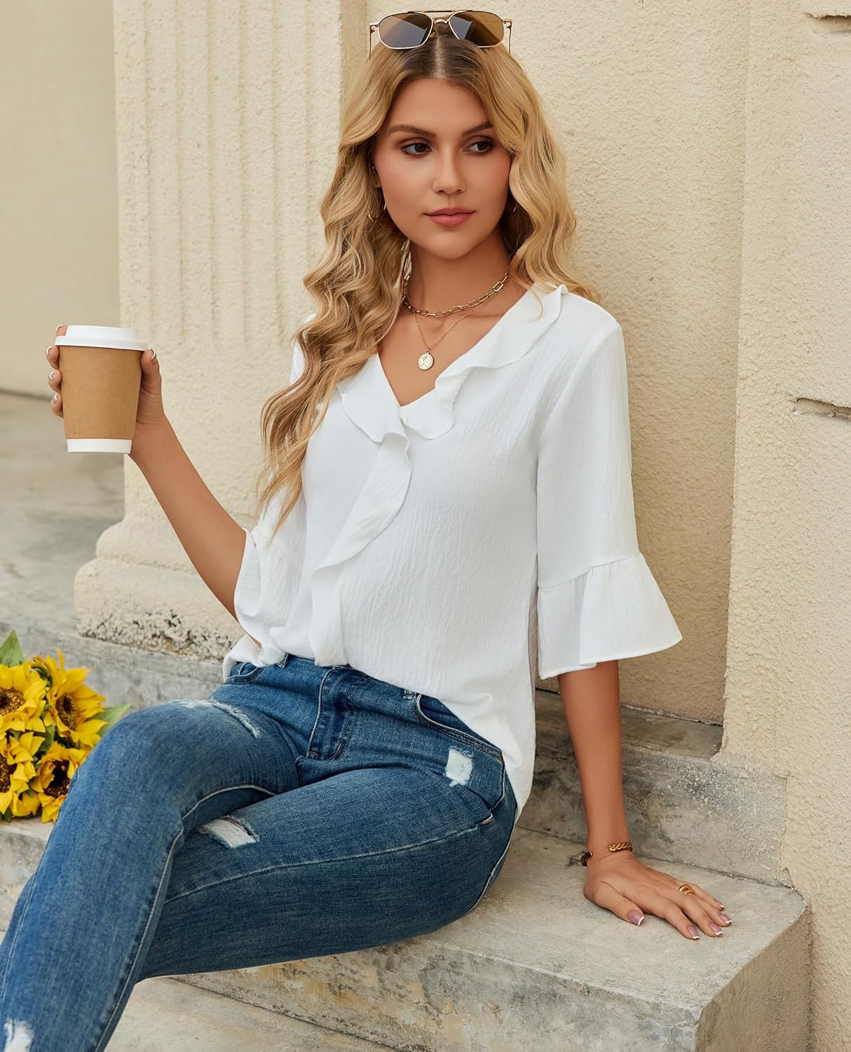 siliteelon Womens Blouses Dressy Casual 3/4 Sleeve Ruffle Bell Top Ladies Business Formal Work Shirt Spring Trendy 2026 - Image 4