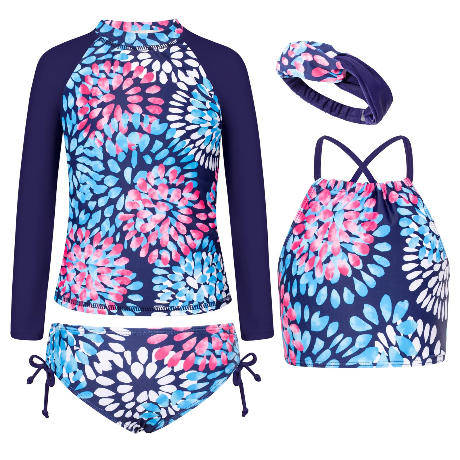 GRACE KARIN Girls Swimsuit Tankini Set Rash Guard Long Sleeve Swimsuit 4 Piece Bathing Suit Swimwear 5-14Y