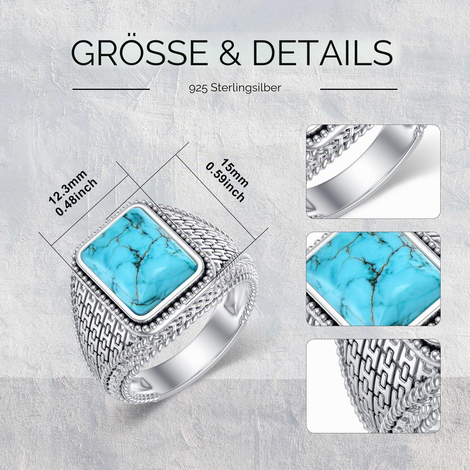 Türkis-Ringe für Herren, 925er-Sterlingsilber, Western-Stil, Vintage, echter quadratischer Türkis-Edelstein, Schmuck, Geschenke für Geburtstag, Vatertag, Größe 7 bis 14