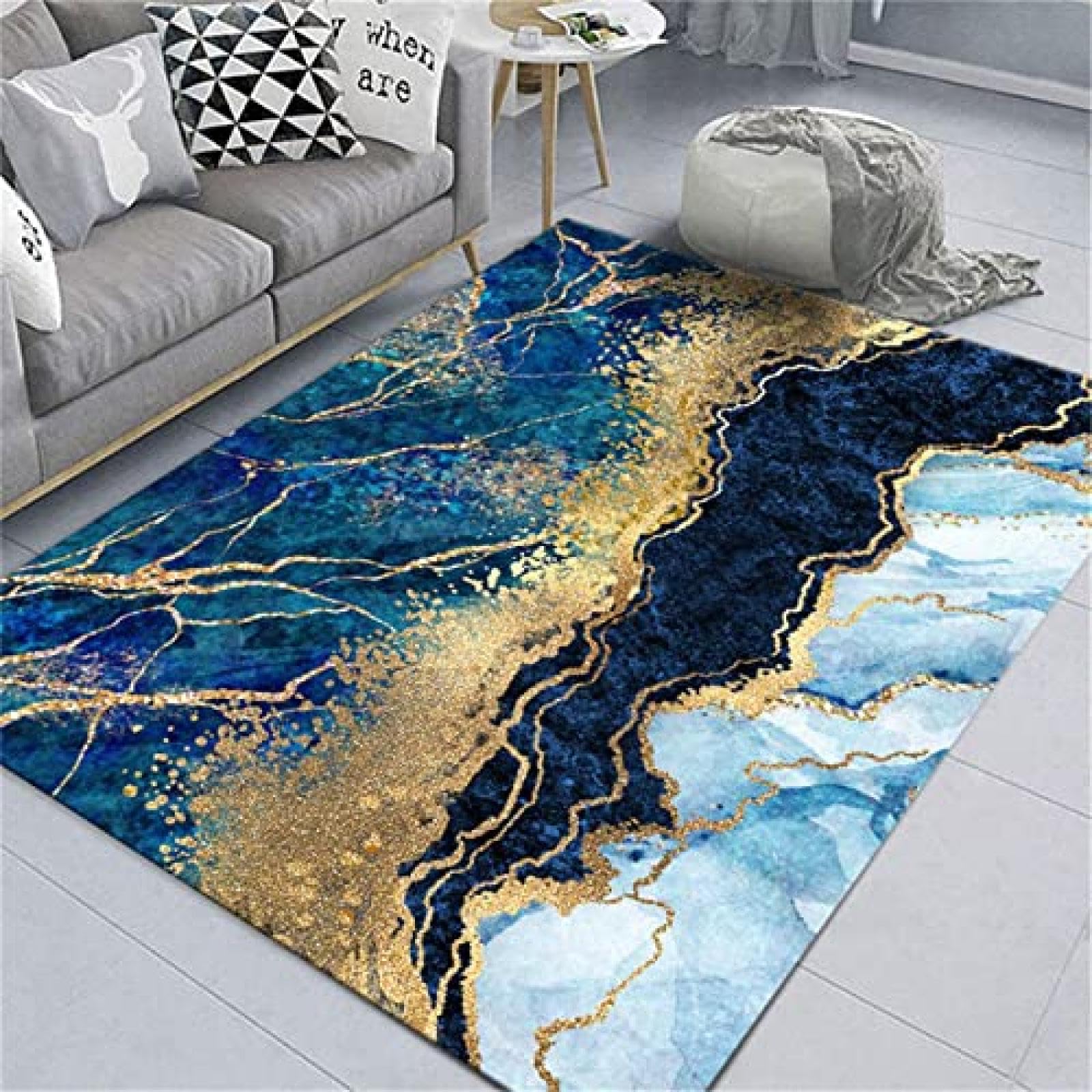 Modern Luxury Art Area Rug for Bedroom, Abstract Blue Gold Marble Texture Bedroom Rug, Durable Absorbent Non-Slip Washable Floor Rugs for Sofa Office