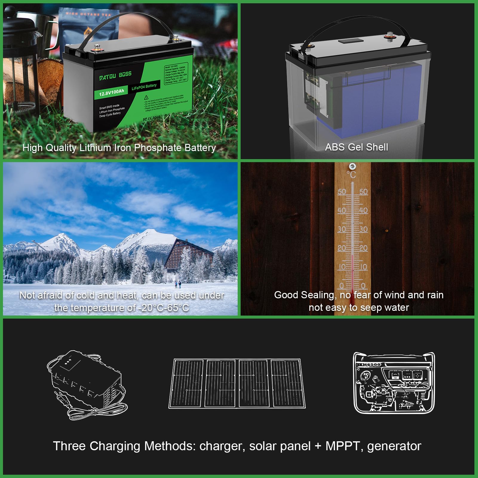 DATOUBOSS LiFePO4 Batteria Litio 12v 100Ah con 100A Protezione BMS, Fino a 15000 Cicli e 10 Anni Di Durata, per Camper, Barca, Kit di Pannelli Solari, Campeggio, Casa