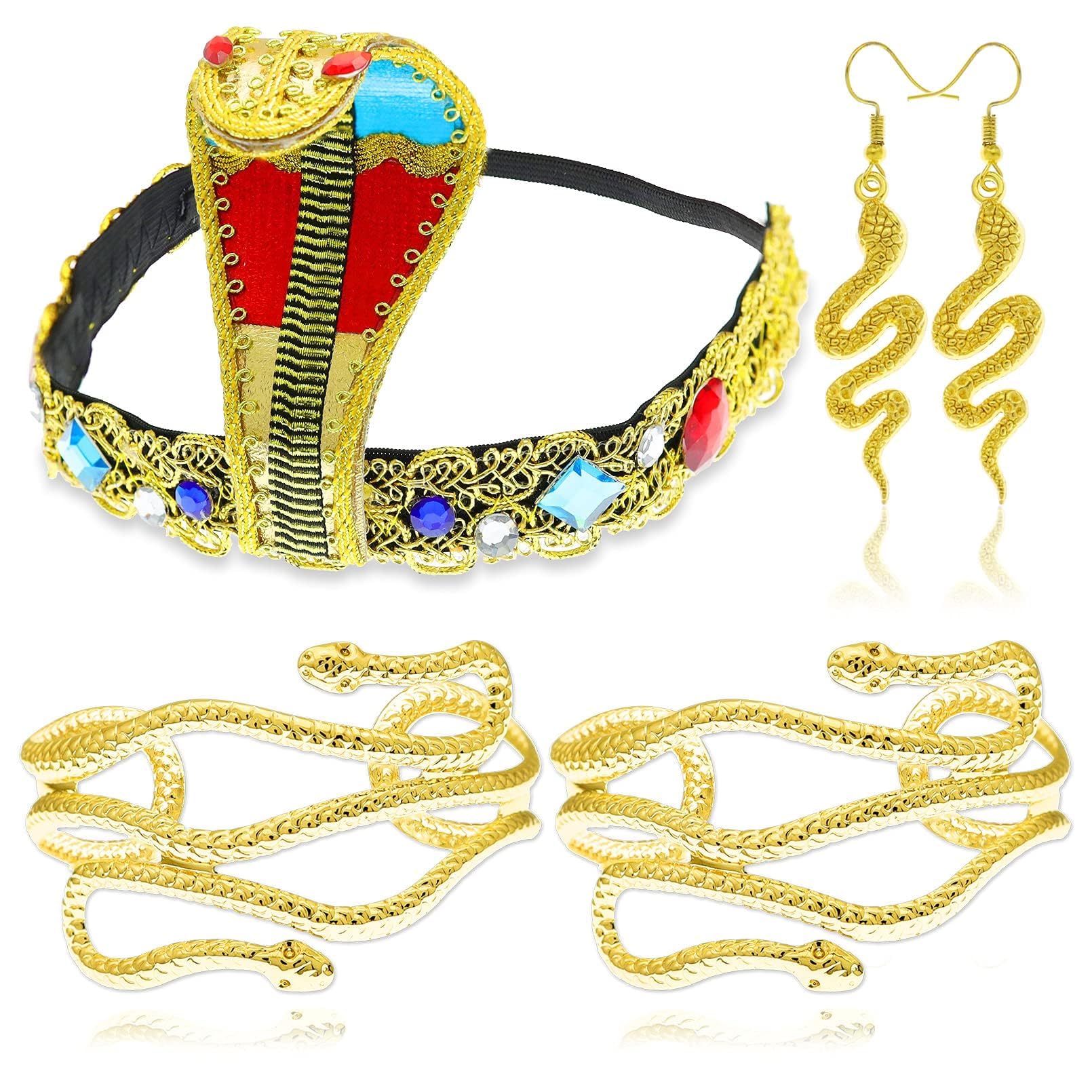 4 Pieces Egyptian Cleopatra Costume Accessory Snake Stretch Headband Headpiece Metal Cobra Upper Arm Cuff Bracelet Earrings for Women