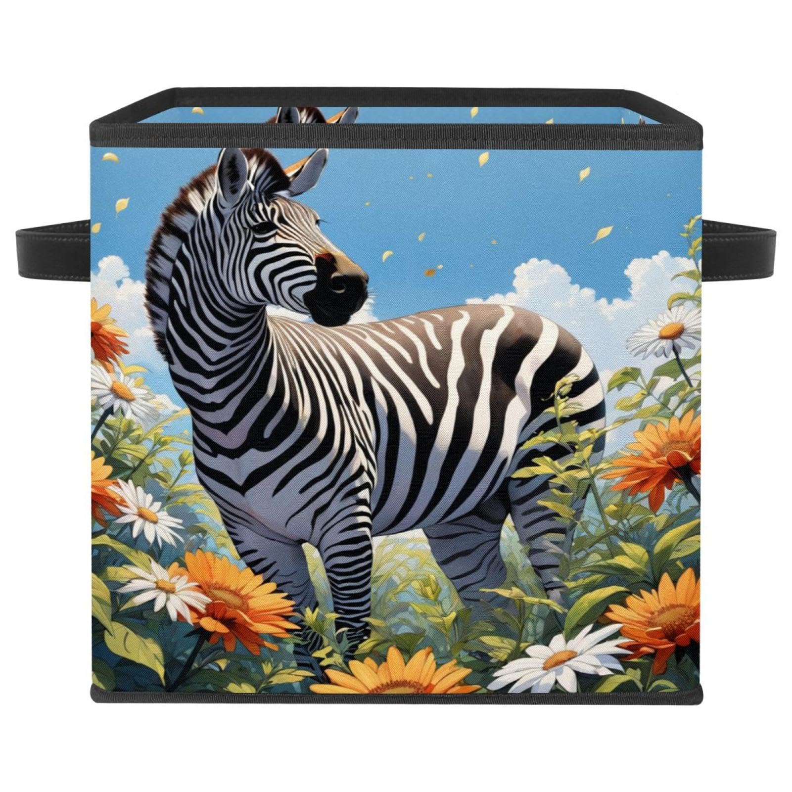 Boîte de rangement pliable zèbre et fleur en tissu résistant pour étagères et placard