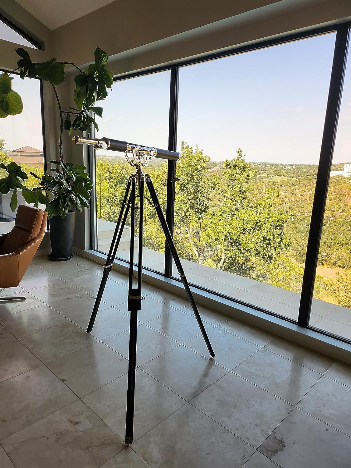 Nautical Vintage Solid Brass Marine Black Leather Telescope Single Barrel Brass Chrome Finish & Black Tripod 65'' Handmade Looks Authentic Decor