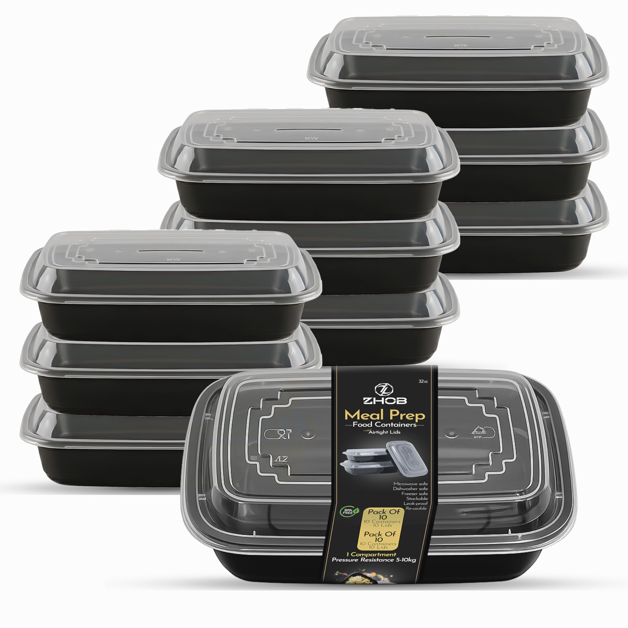 Meal Prep Containers 28oz 10 Pack, Black Containers with Lids 1 Compartment