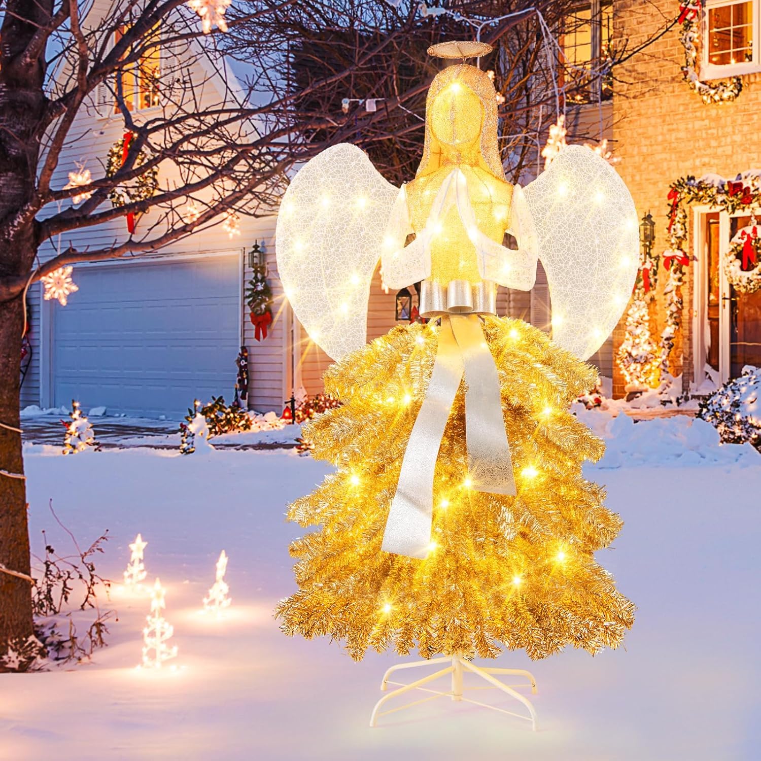GOPLUS Ángel de Navidad Decorativo 157 cm, Ángel Iluminado con Manos Entrelazadas en Oración, 150 Luces LED, Decoración Navideña Exterior Interior para Jardín Patio Fiesta (Ángel con Vestido Bonito)