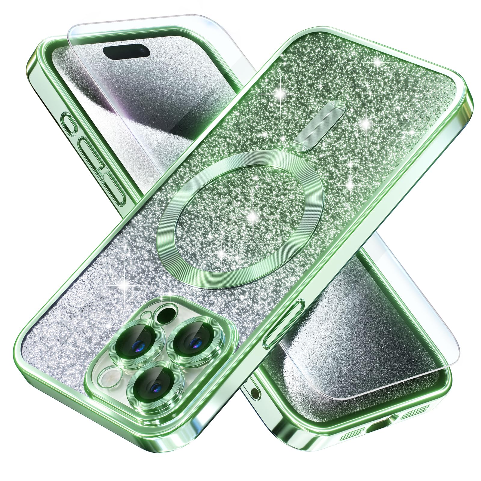 Misea Magnetic for iPhone 15 Pro Case Compatible with MagSafe [Military Grade Drop Protection] Full Camera Lens Protector Luxury Gradual Glitter