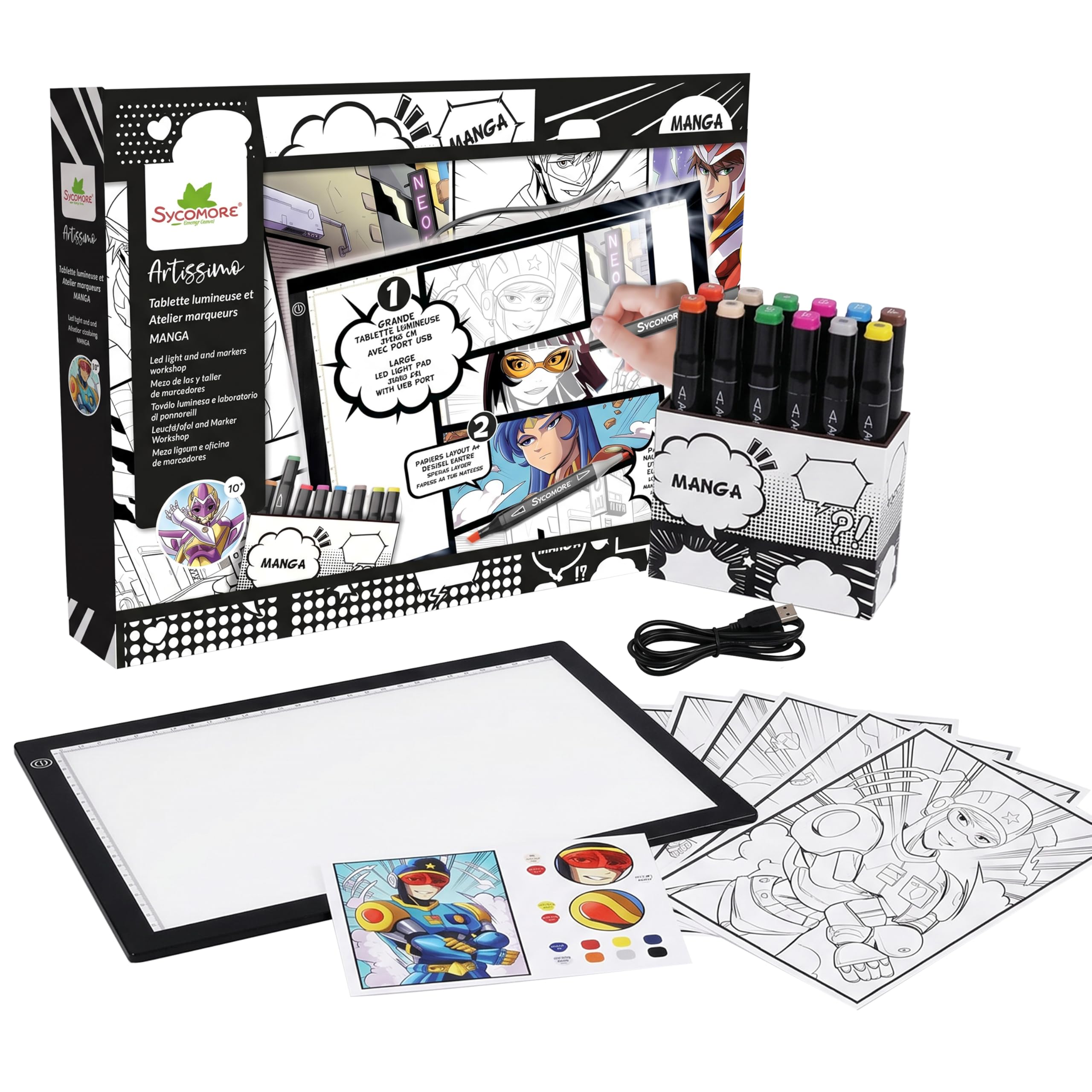 SYCOMORE - Manga Bastelset: Weißes Lichttablett mit 12 Layoutblättern, 10 Doppelpunktmarkern und einstellbarer Helligkeit - 21 x 29,7 cm - Glossy - 22g/m² - Digital-Art, Manga-Erstellung