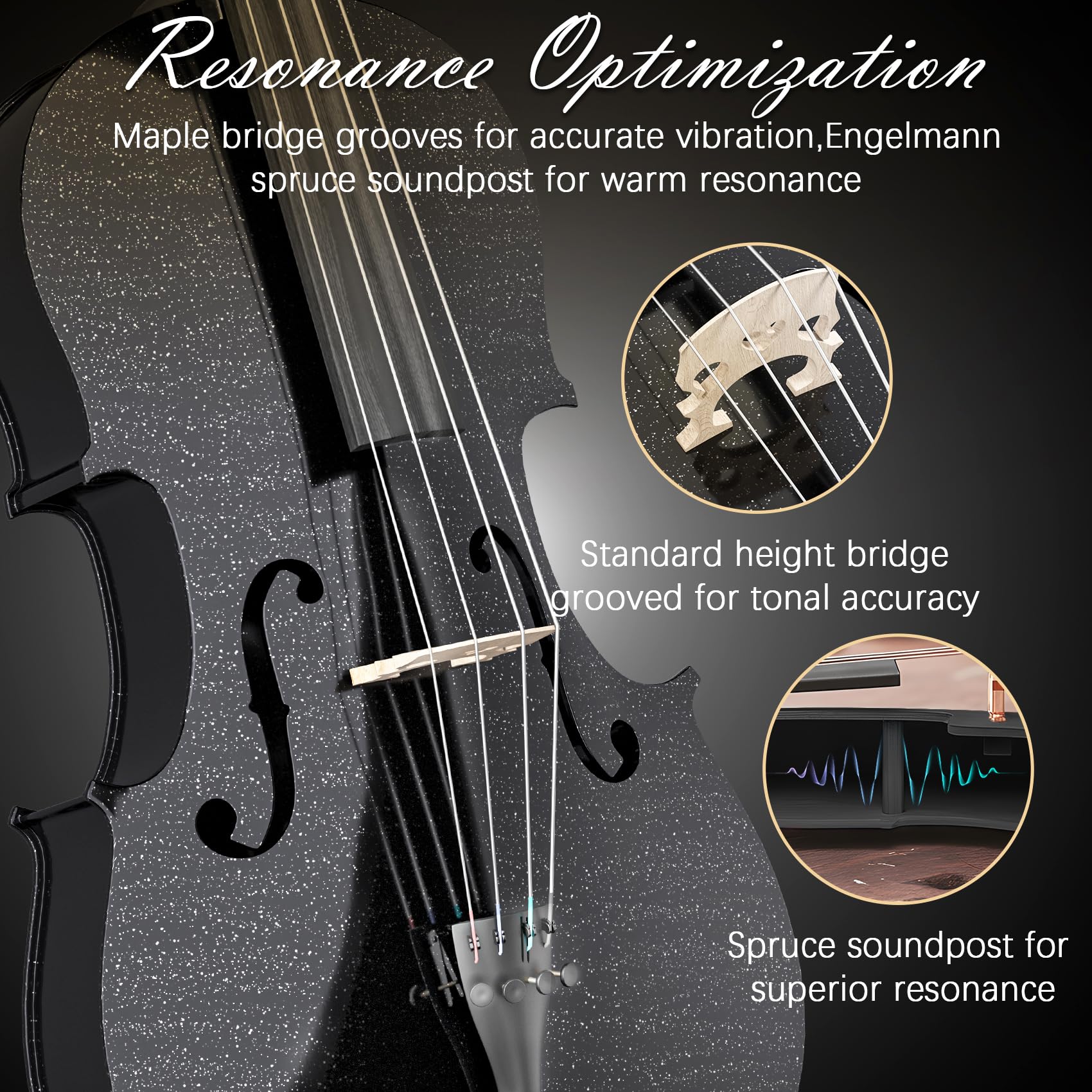 Cello 4/4 Kit, Full Size Cello für Erwachsene, Studenten, Anfänger, komplettes akustisches Cello-Instrumenten-Set mit tragbarer Tasche, Bogen, Kolophonium, Schwarz