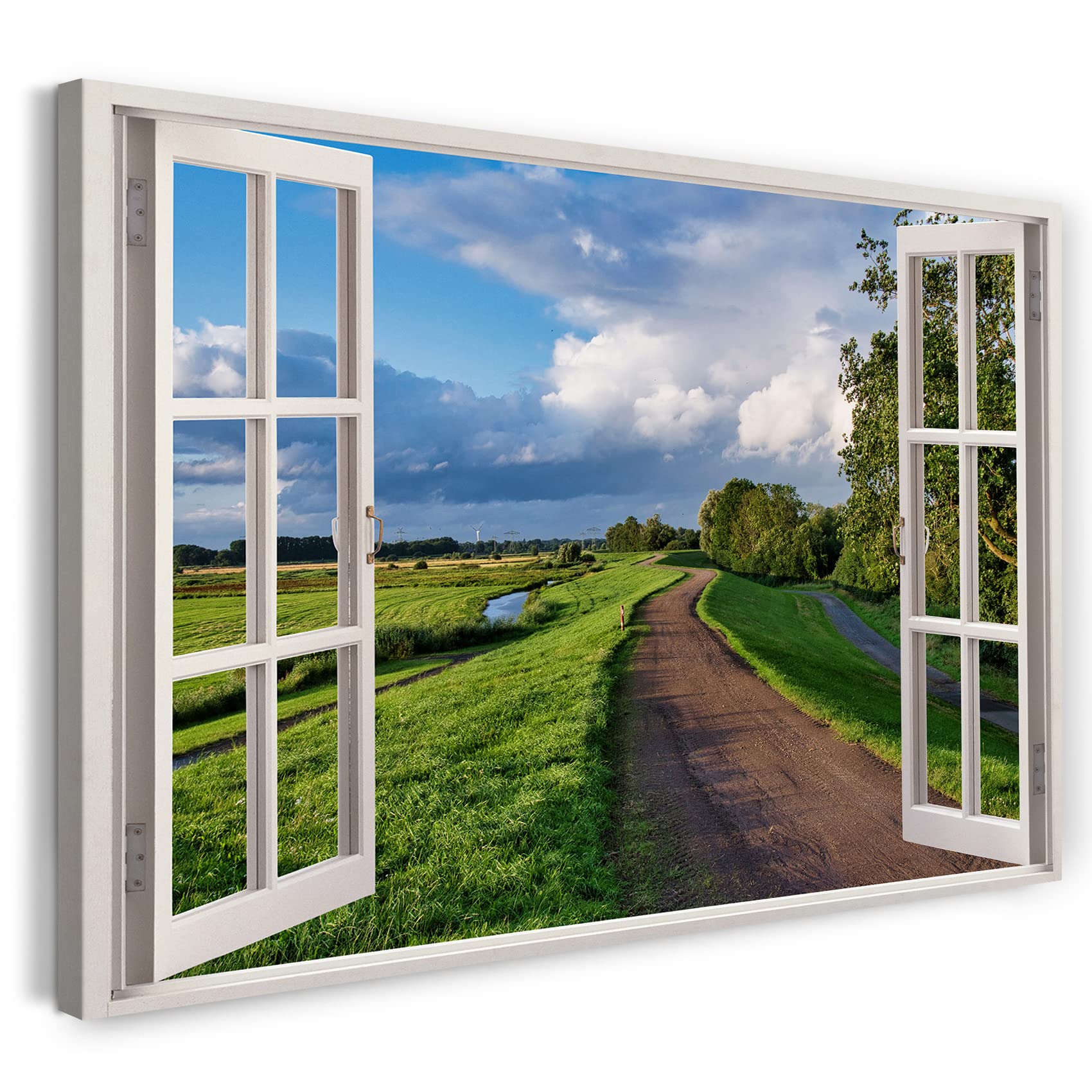 Print on Canvas (80x60 cm) view from the window - street landscape nature summer clouds - nature photography, real wood frame with hook