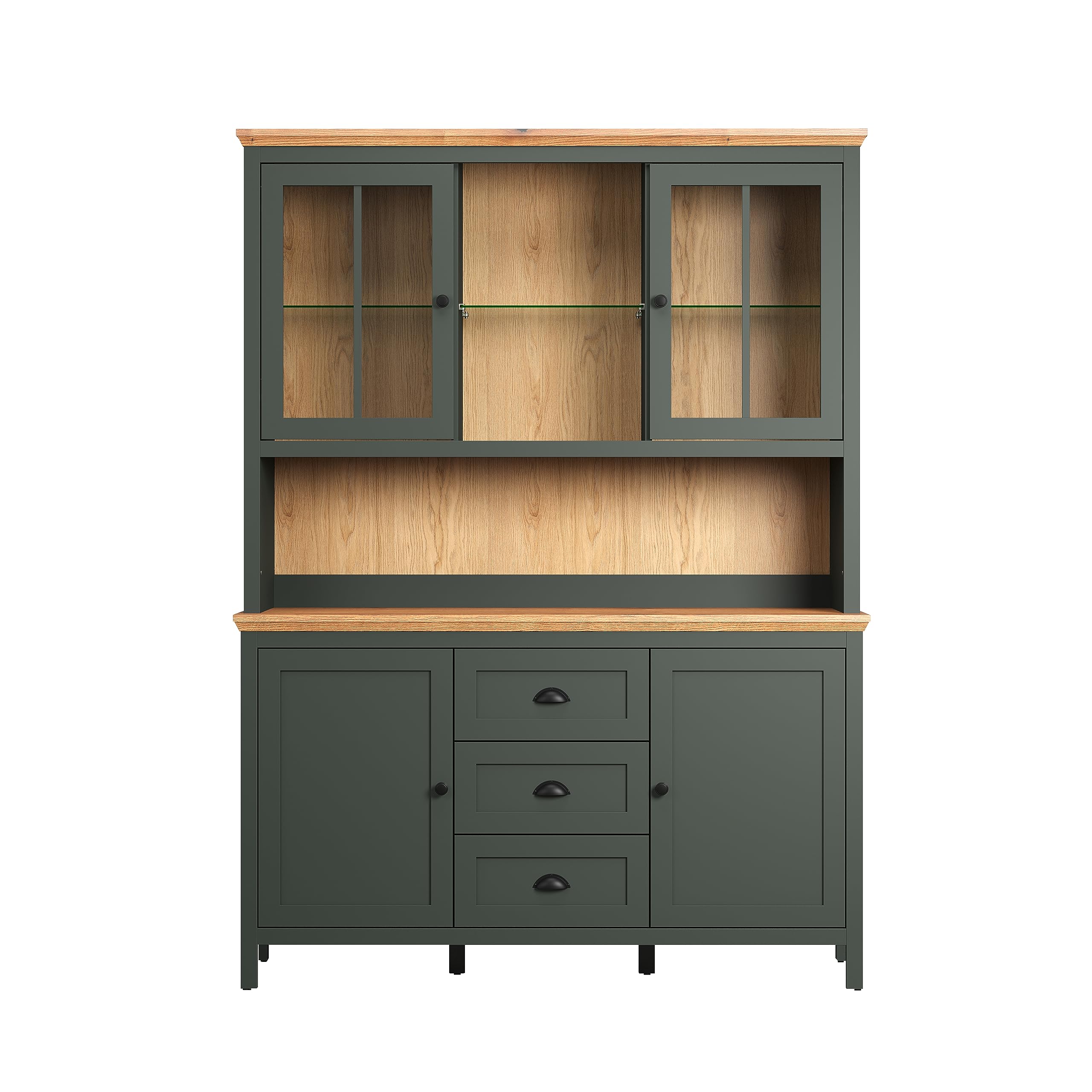 trendteam smart living - Stanton - Buffetschrank - Tannengrün/Evoke Eiche - Vitrine inklusive Beleuchtung mit 4 Türen, 3 Schubladen (BxHxT) 146 x 198 x 45 cm - Landhausstil