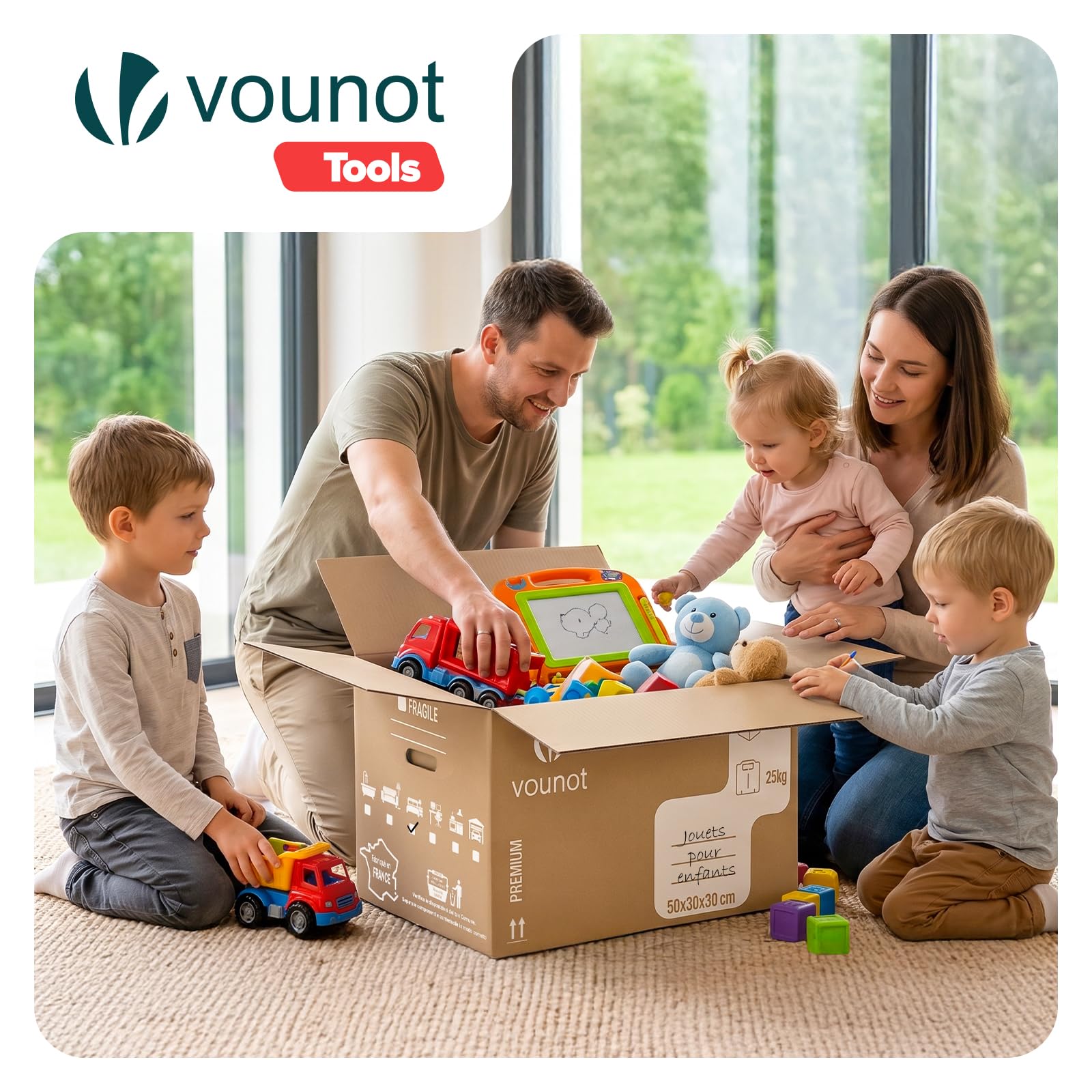 VOUNOT® Lot de 20 Cartons de Déménagement 50 x 30 x 30 cm Fabriqué en France Cartons de Rangement Renforcés 25 kg Poignées Renforcées Réutilisables 45L pour Stockage Livres Vêtements Transport
