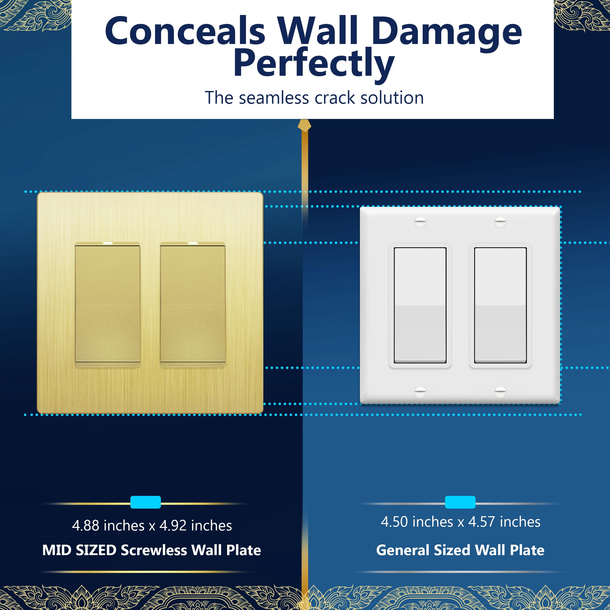 LIDER Brushed Finish Decorator Switch Cover, Screwless Wall Plate, Mid-Size 2-Gang 4.88" x 4.92", Unbreakable Polycarbonate Thermoplastic, UL Listed, LSWP-32M-BGD, Brushed Gold — view 4