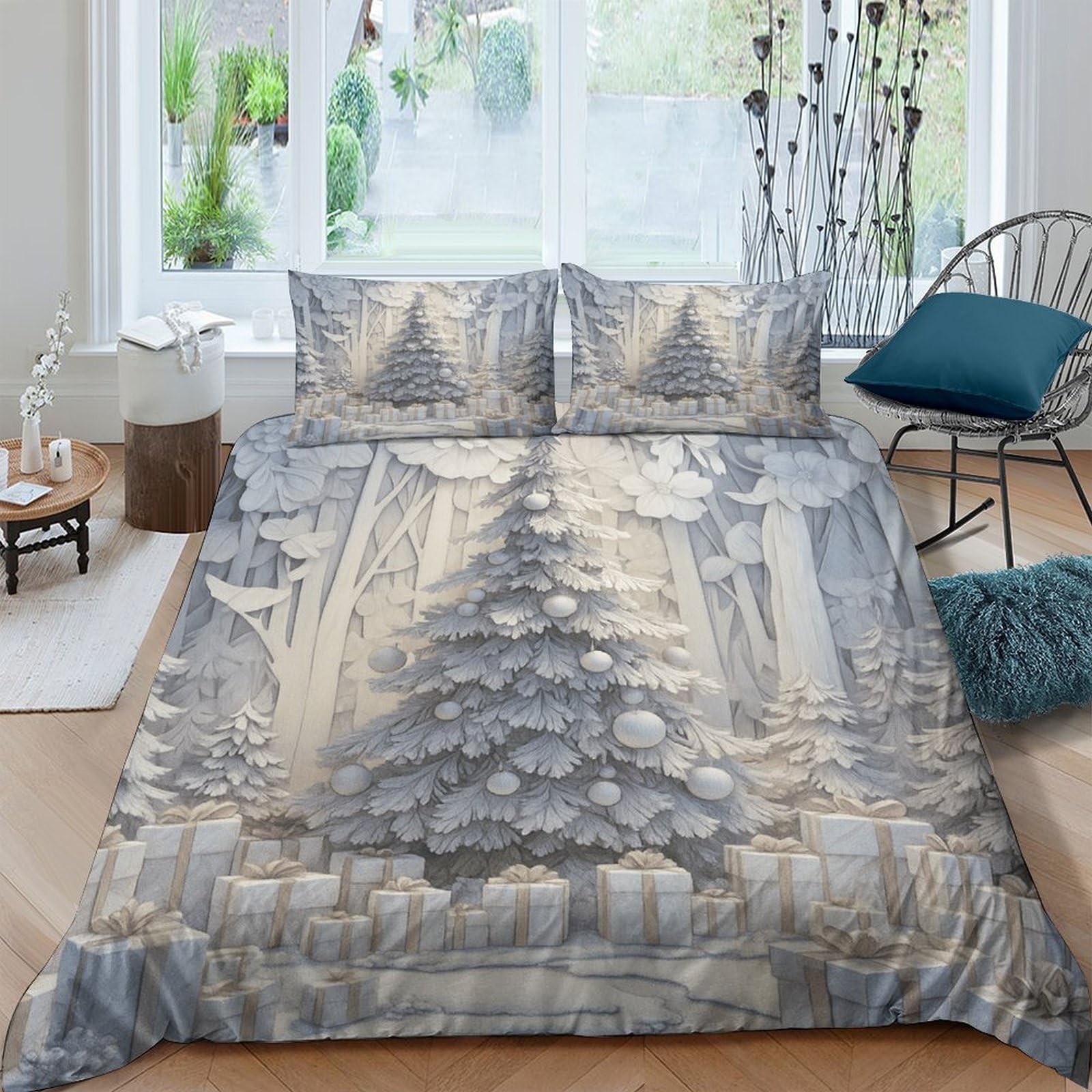 GPLZQXKJNH 3D Printed Pine Forest Duvet Cover Microfiber Soft Breathable Misty Landscape Bedding Set with 2 Pillowcases for Bedroom Apartment Single（135x200cm）