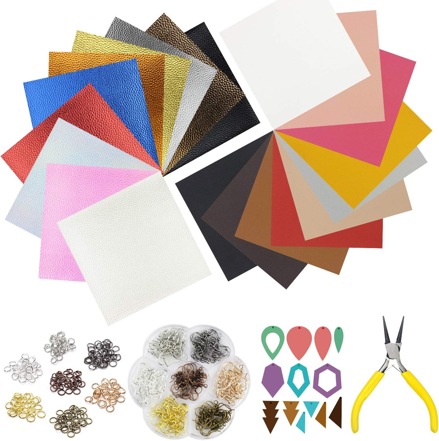 10pcs Double Sided Litchi Faux Leather Sheets + 10pcs Metallic Synthetic Leather Fabric Sheets(6"x 6") with Earring Hooks, Jump Rings, Pliers and Cut Molds for Earring Making Crafts