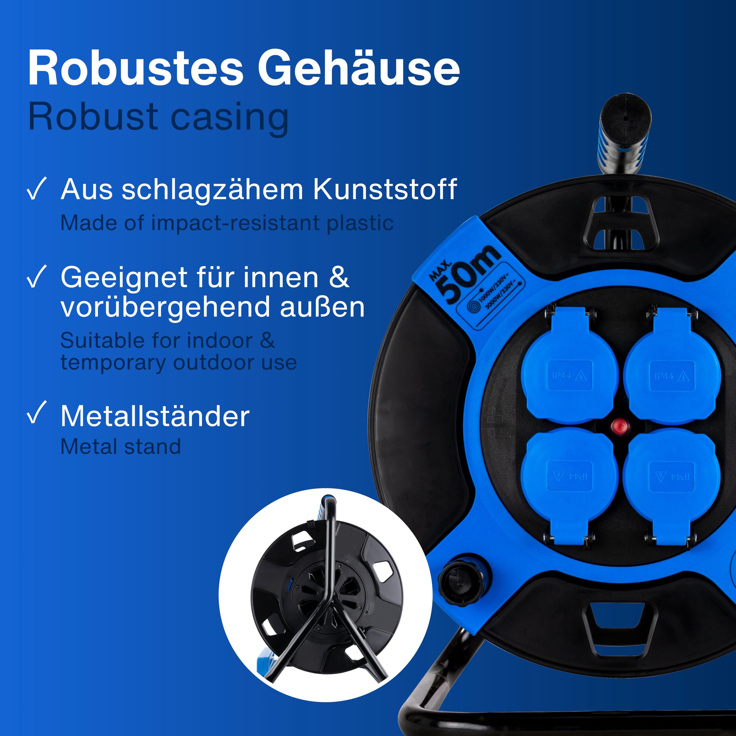 REV Enrouleur de câble sans fil IP44 extérieur 4 prises Schuko sans fil Bleu