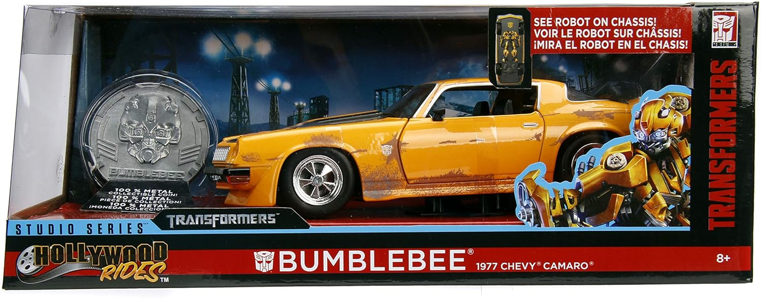 Transformers 1:24 1977 Chevy Camaro Bumblebee Die-cast Car with Coin, Toys for Kids and Adults